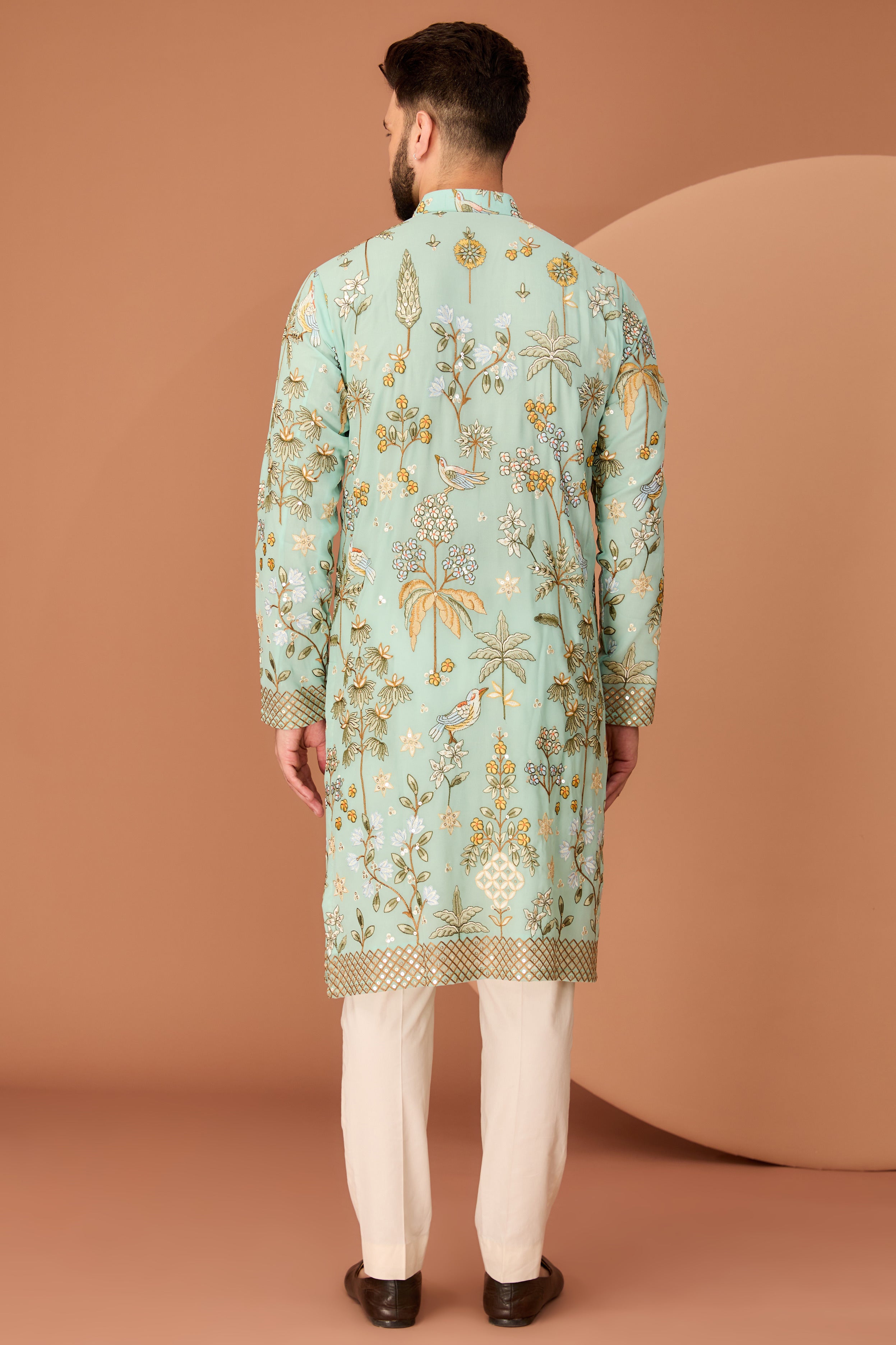 Dark Aqua Blue flora-fauna embroidered kurta - kasbahmen