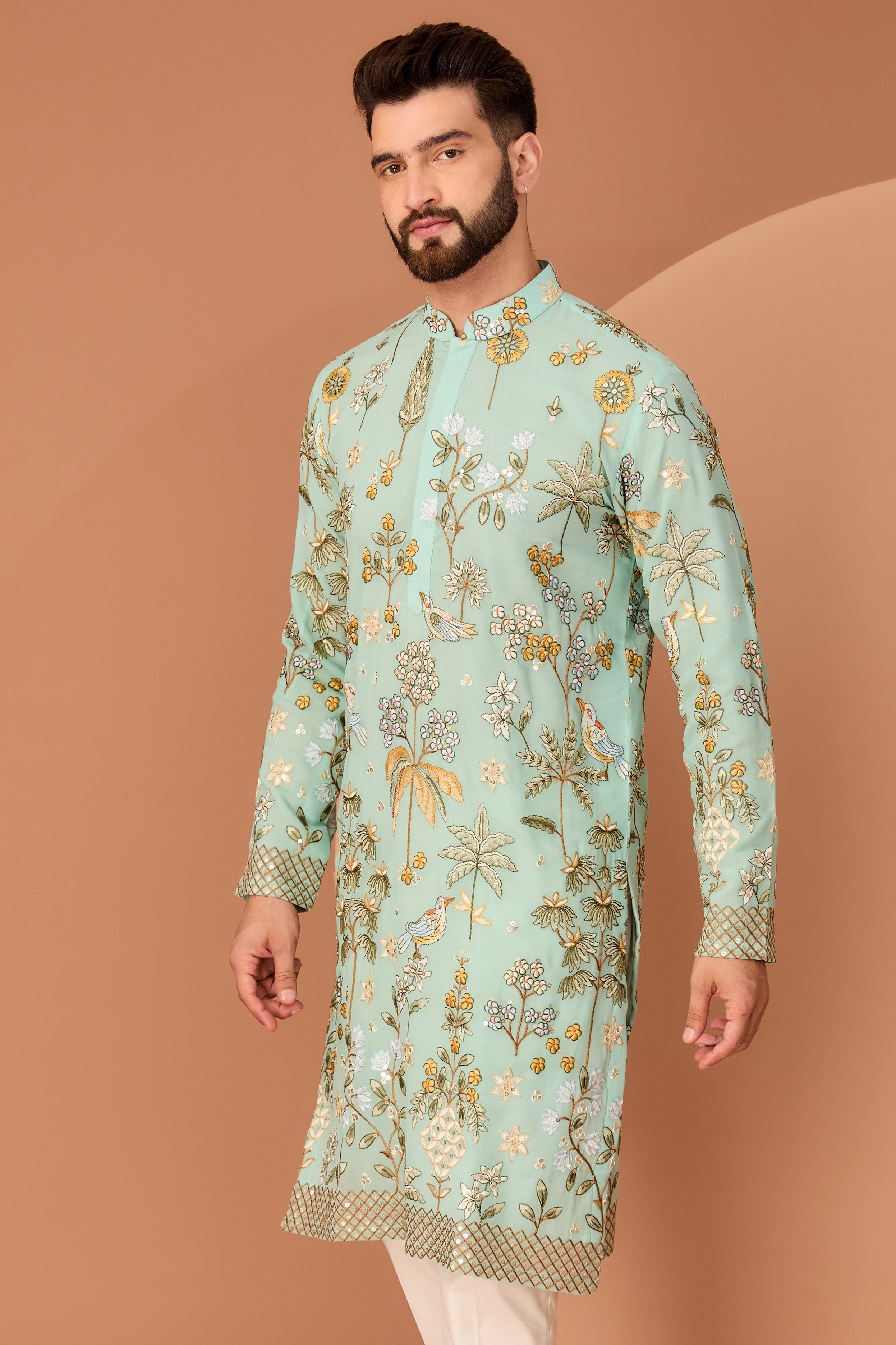 Dark Aqua Blue flora-fauna embroidered kurta - kasbahmen