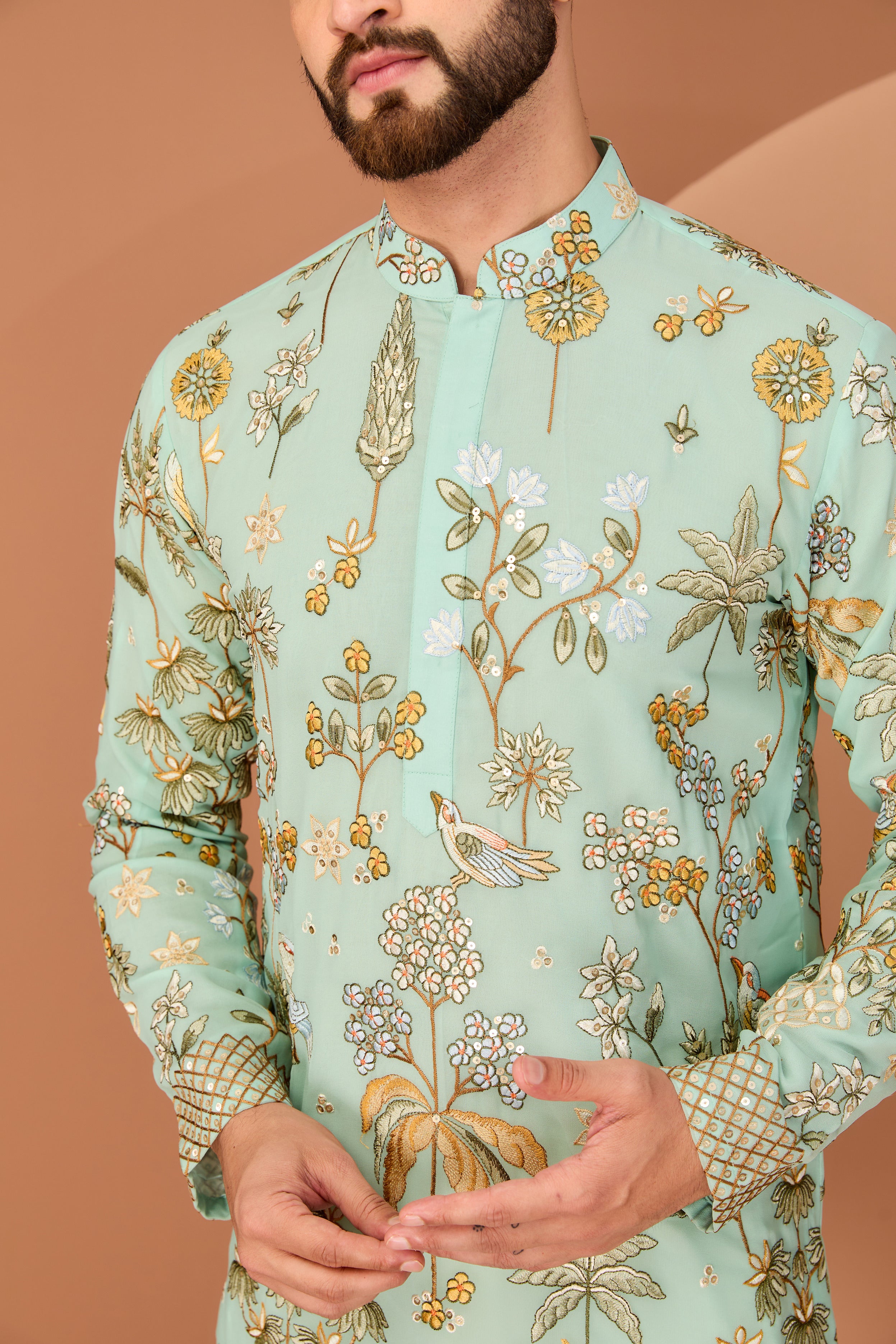 Dark Aqua Blue flora-fauna embroidered kurta - kasbahmen