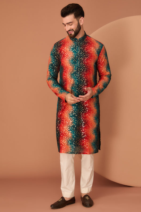 Orange and teal sequin kurta - kasbahmen