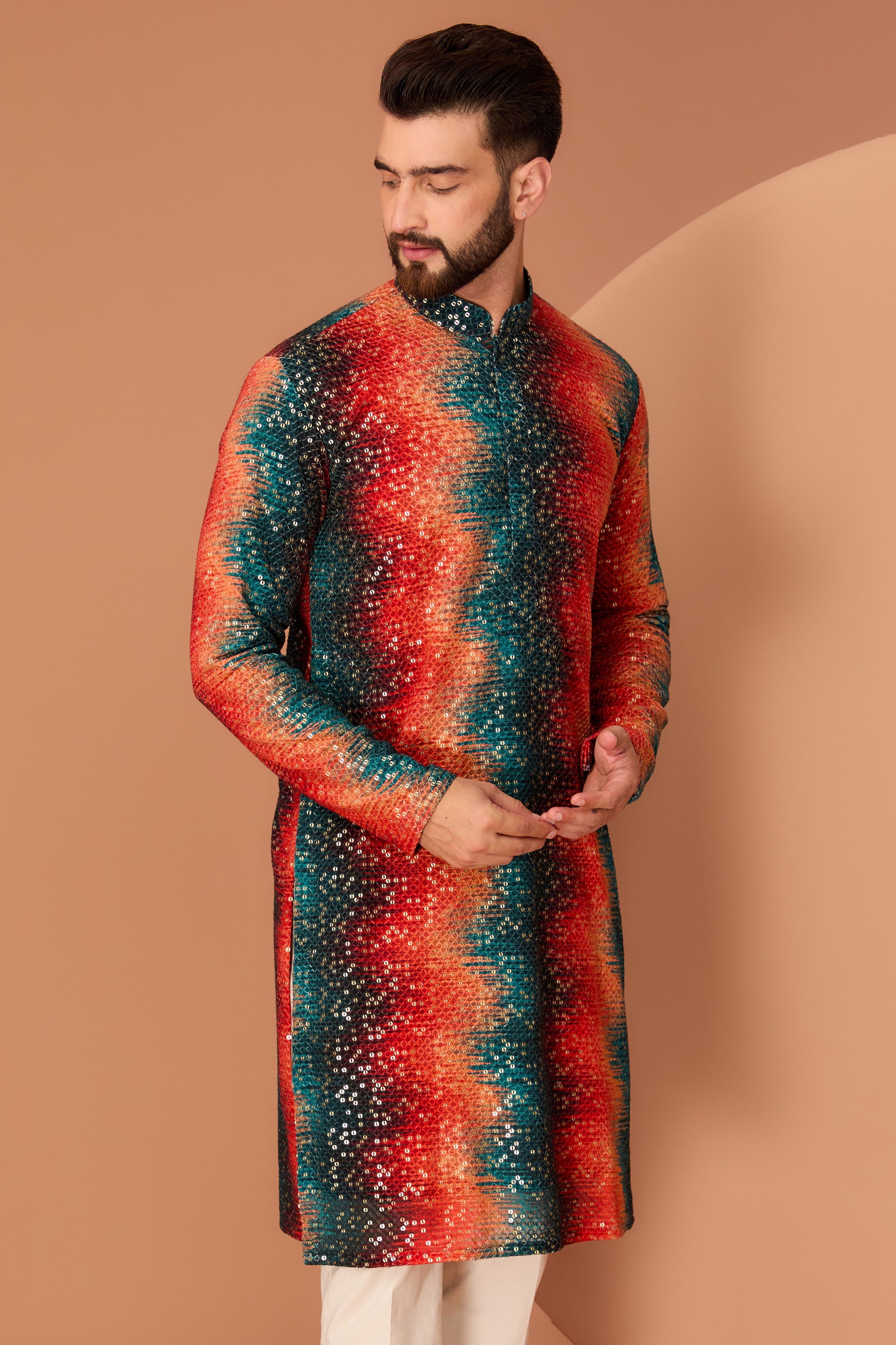 Orange and teal sequin kurta - kasbahmen