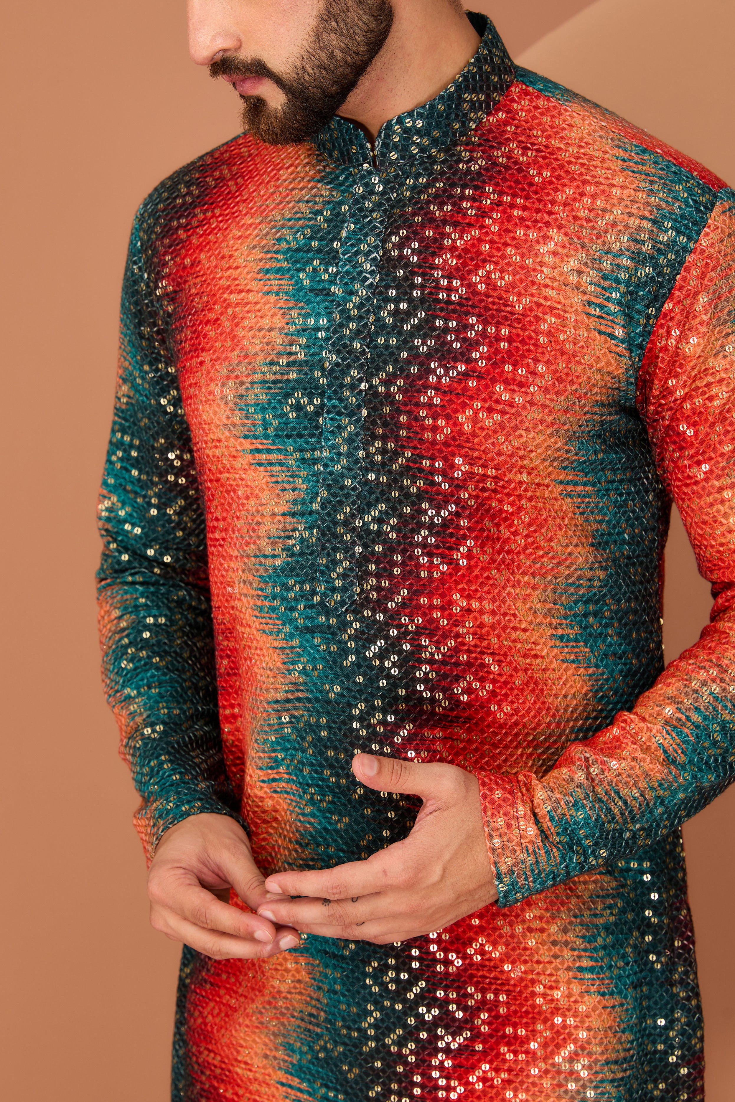 Orange and teal sequin kurta - kasbahmen