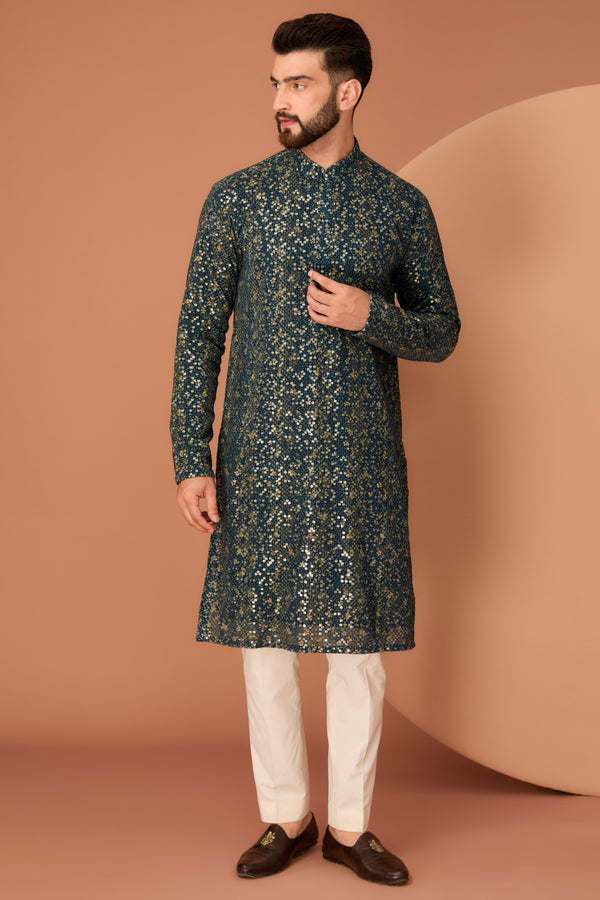 Blue-grey heavy abstract sequined kurta - kasbahmen