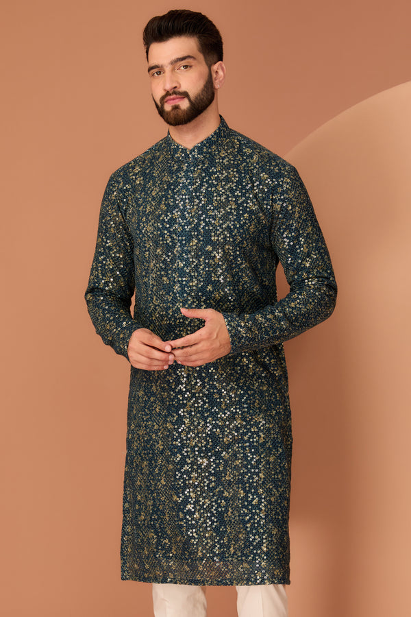 Blue-grey heavy abstract sequined kurta - kasbahmen