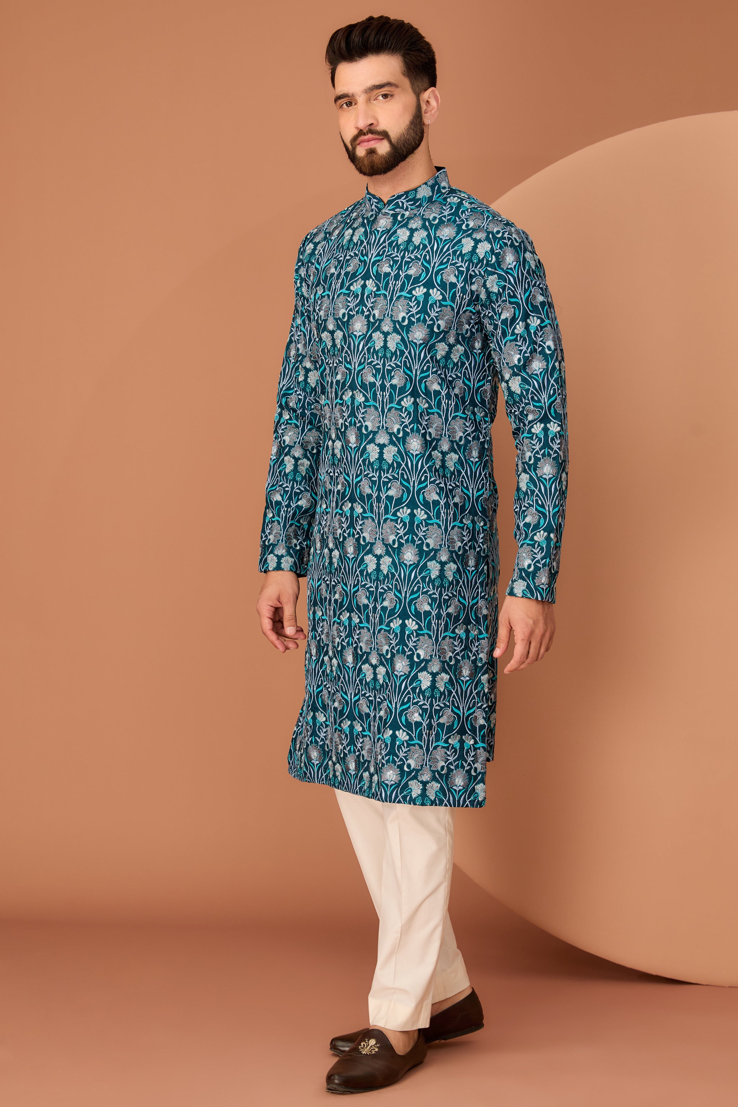 Teal floral embroidered kurta - kasbahmen