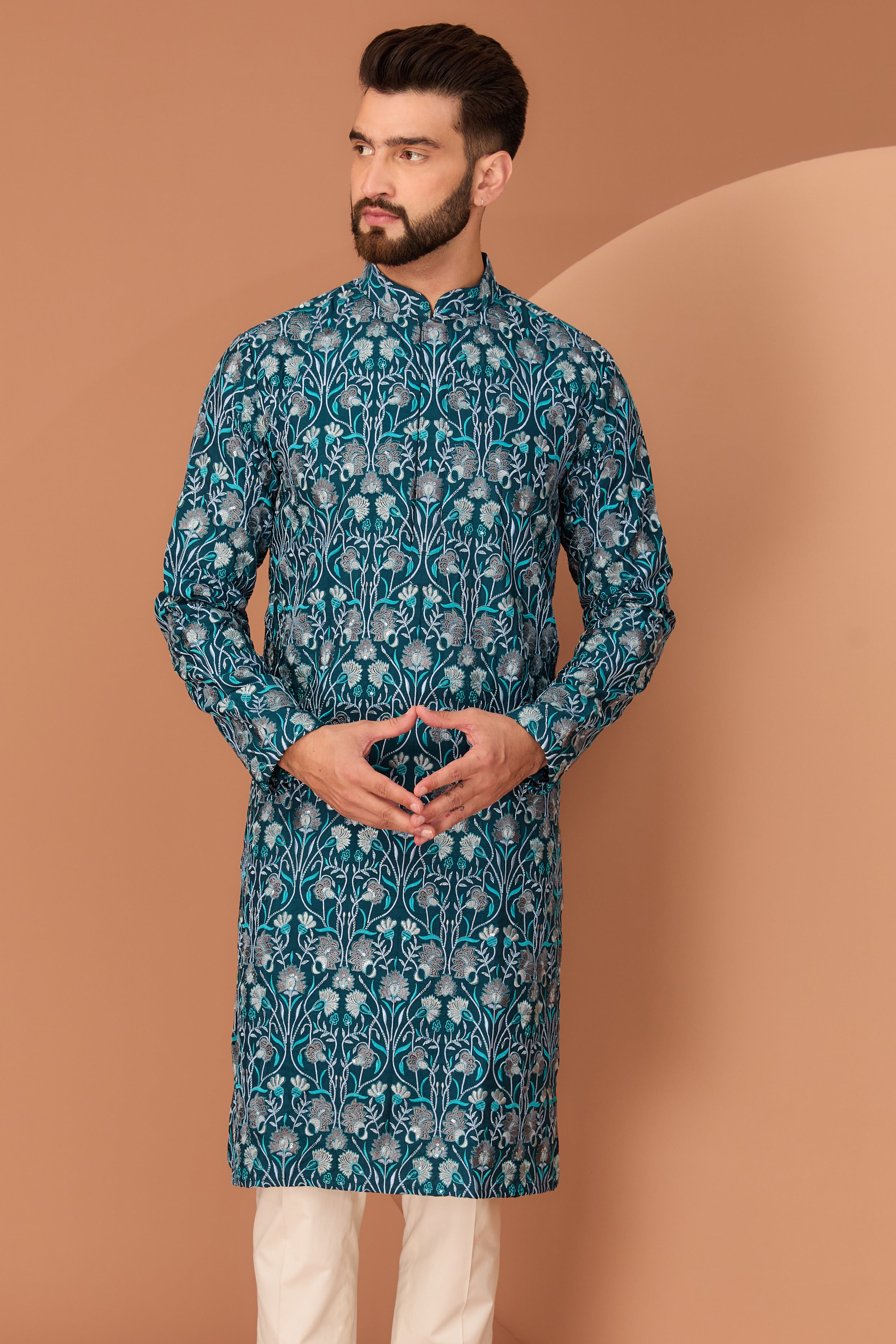 Teal floral embroidered kurta - kasbahmen