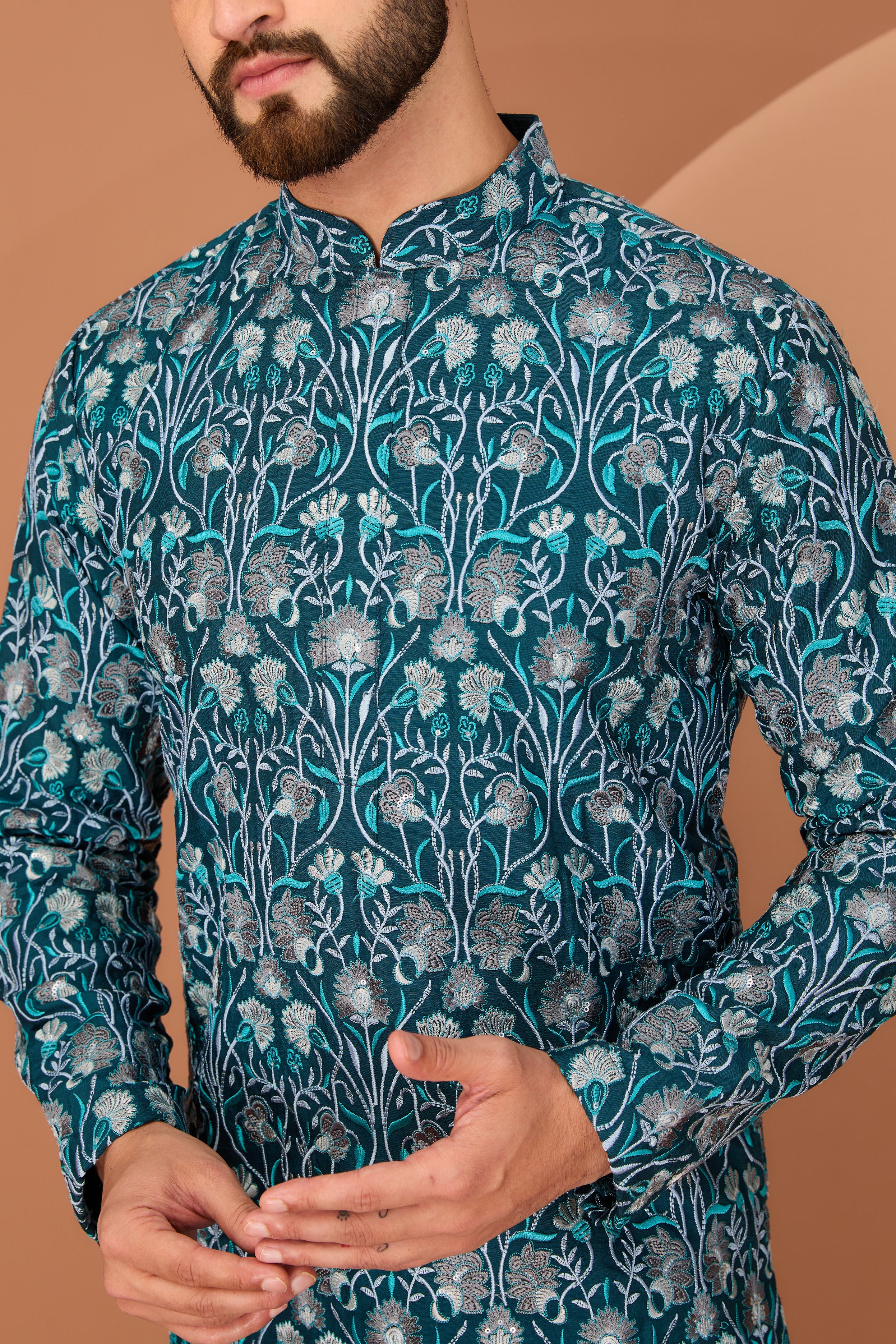 Teal floral embroidered kurta - kasbahmen