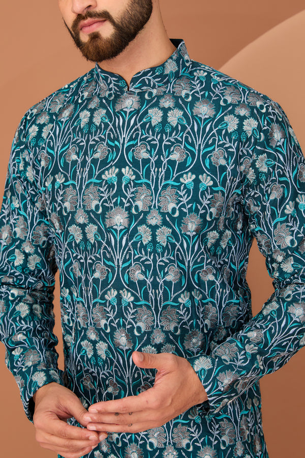 Teal floral embroidered kurta - kasbahmen