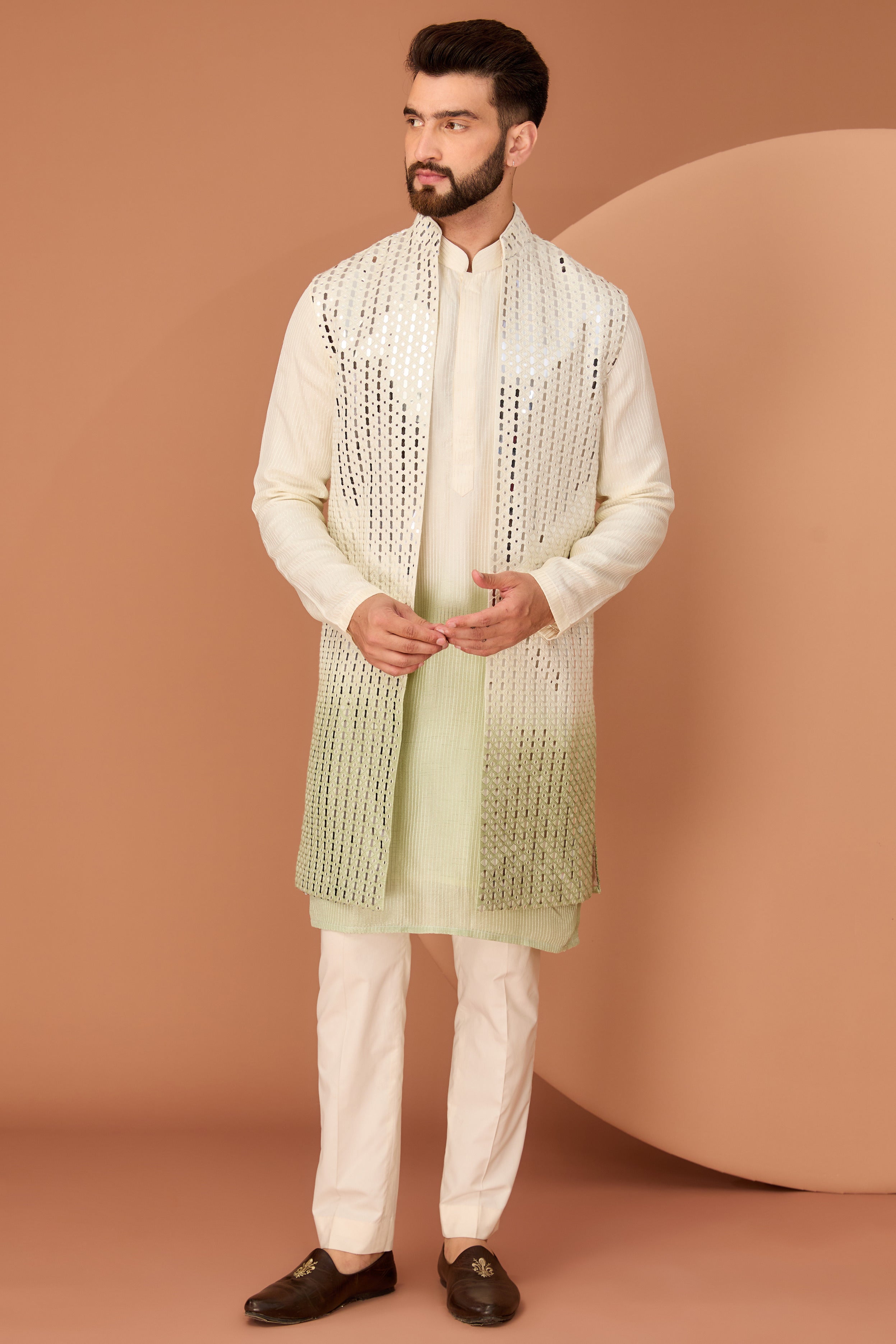 Cream to sea green ombre shaded mirror-work long open jacket - kasbahmen