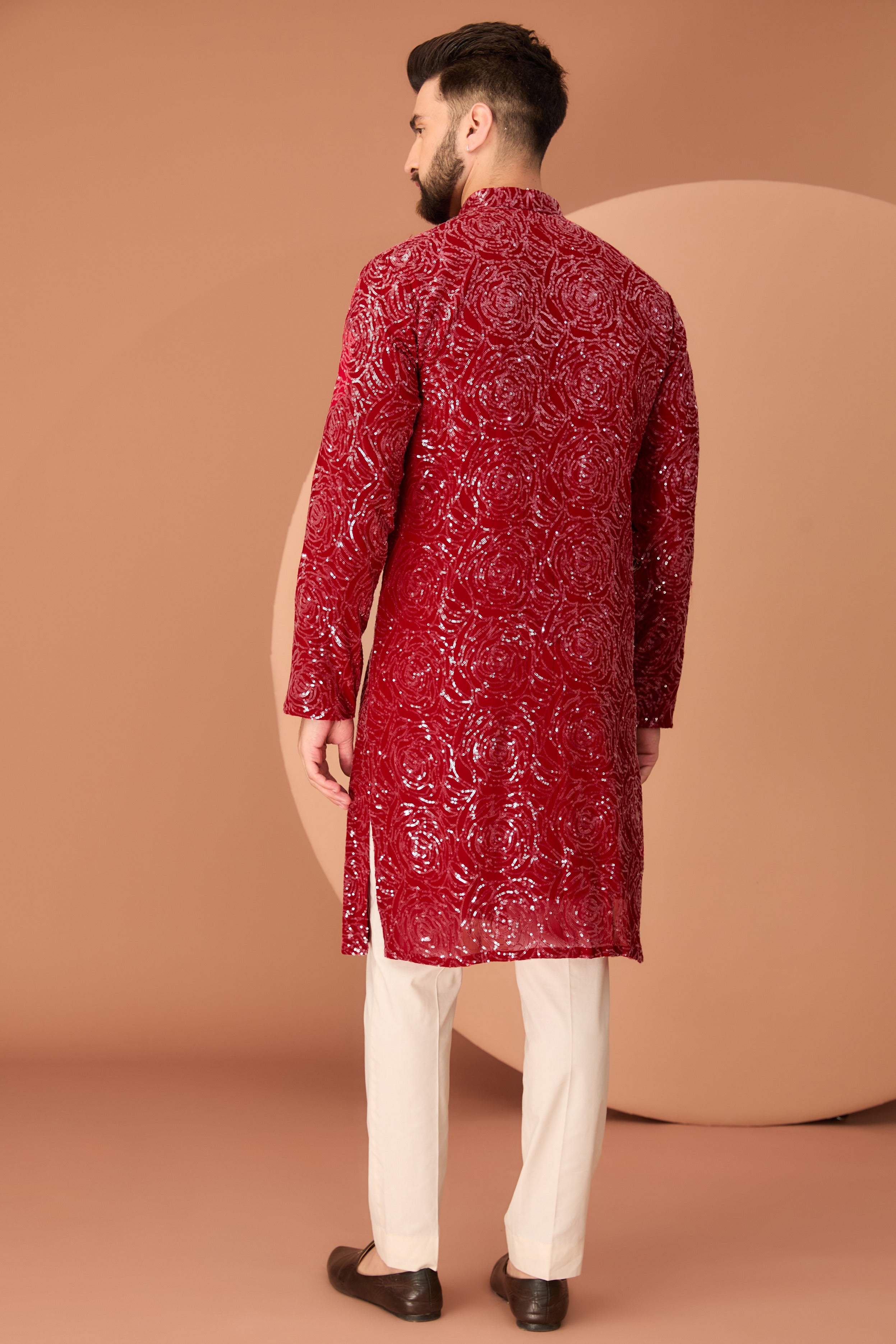 Red fully sequined kurta with floral embroidery - kasbahmen