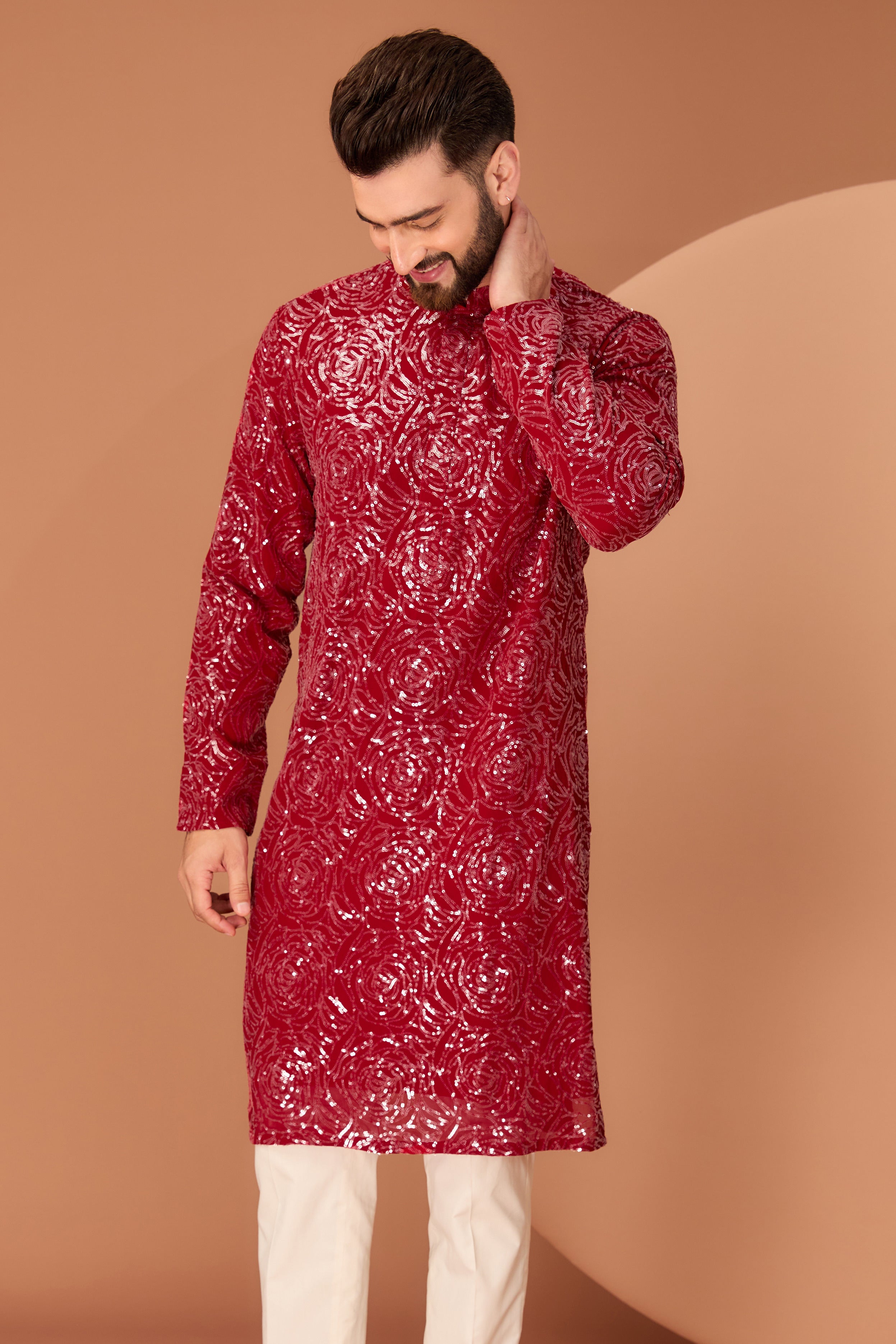 Red fully sequined kurta with floral embroidery - kasbahmen