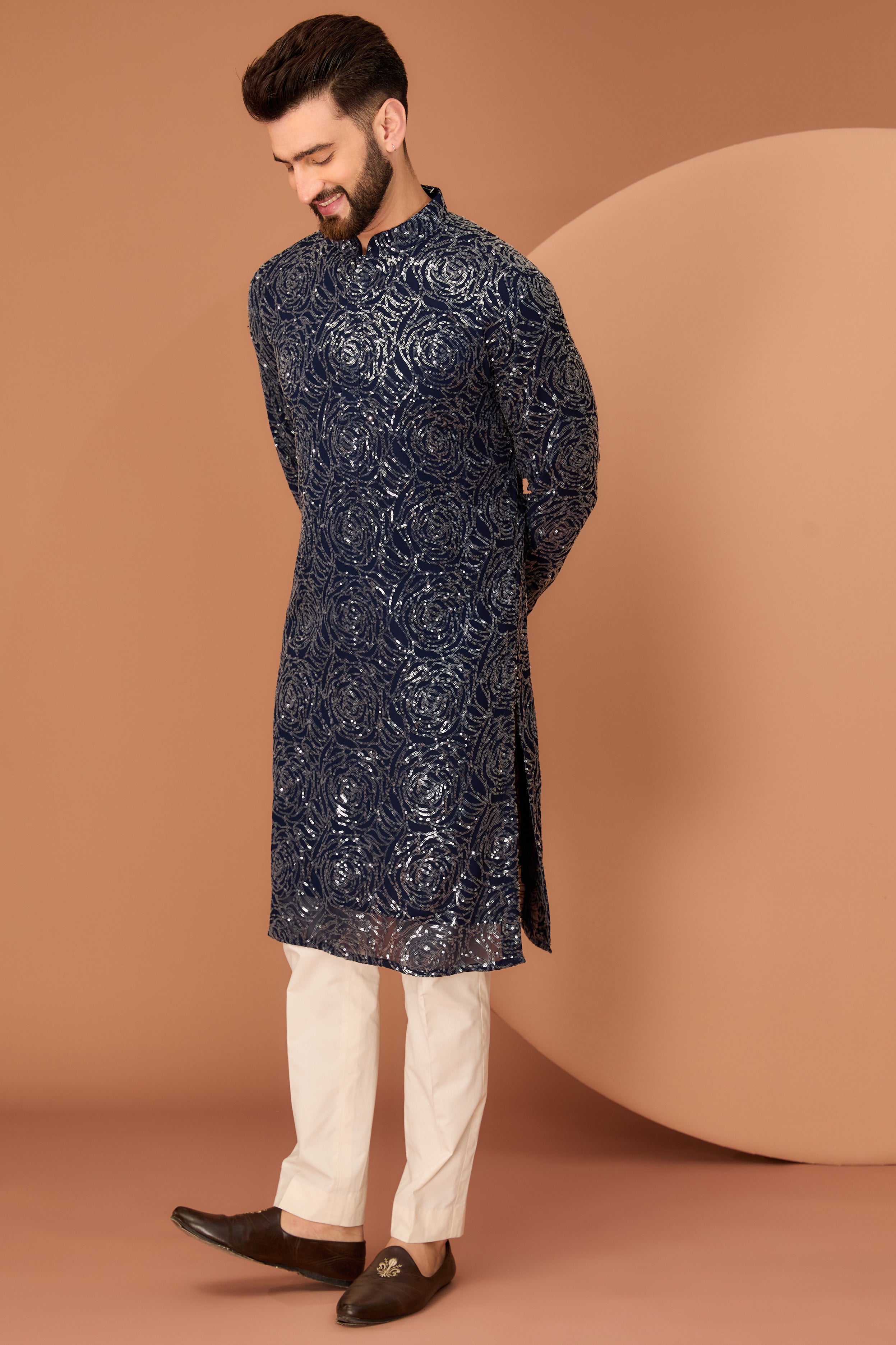 Midnight Blue fully sequined kurta with floral embroidery - kasbahmen