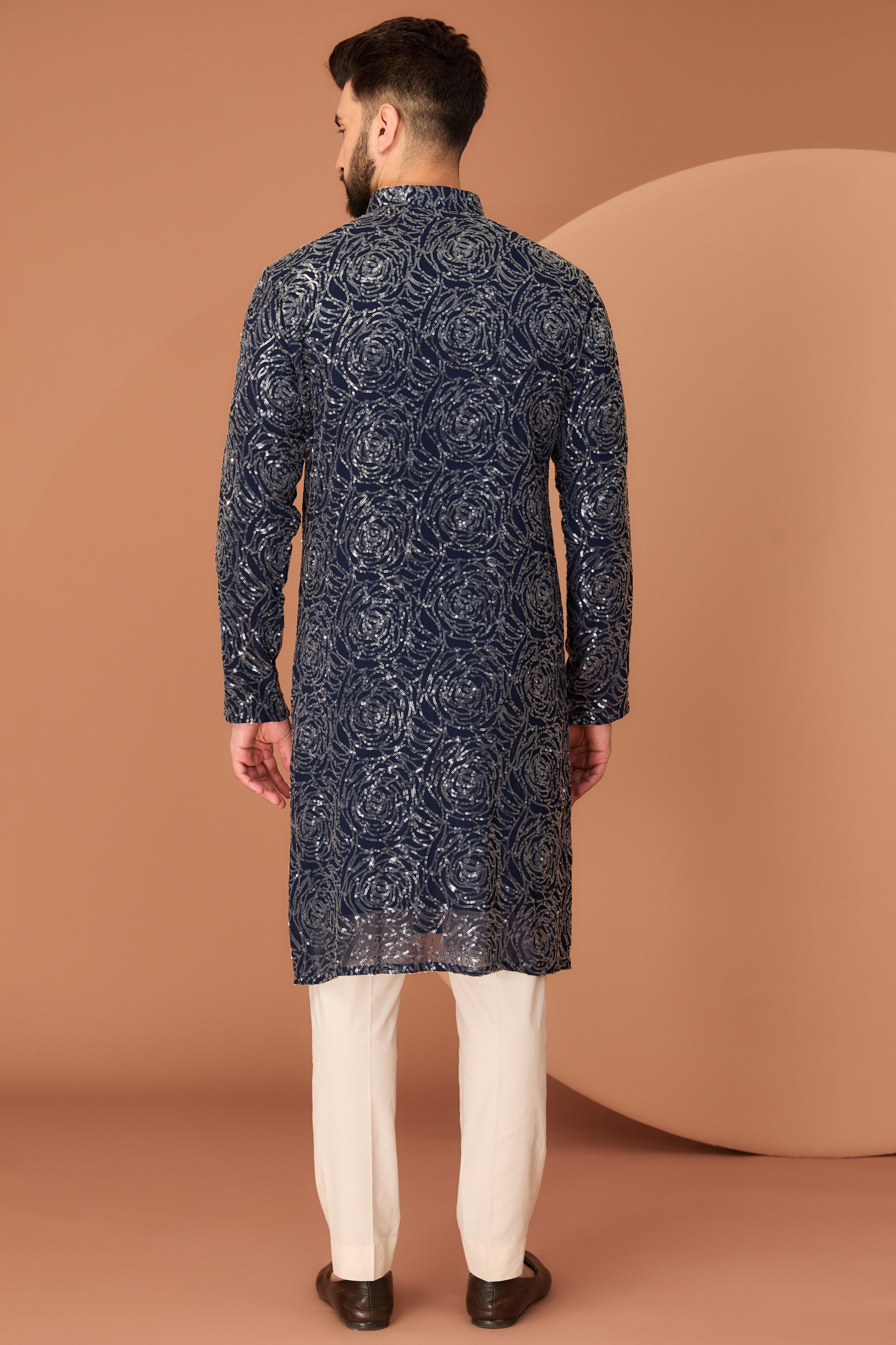 Midnight Blue fully sequined kurta with floral embroidery - kasbahmen