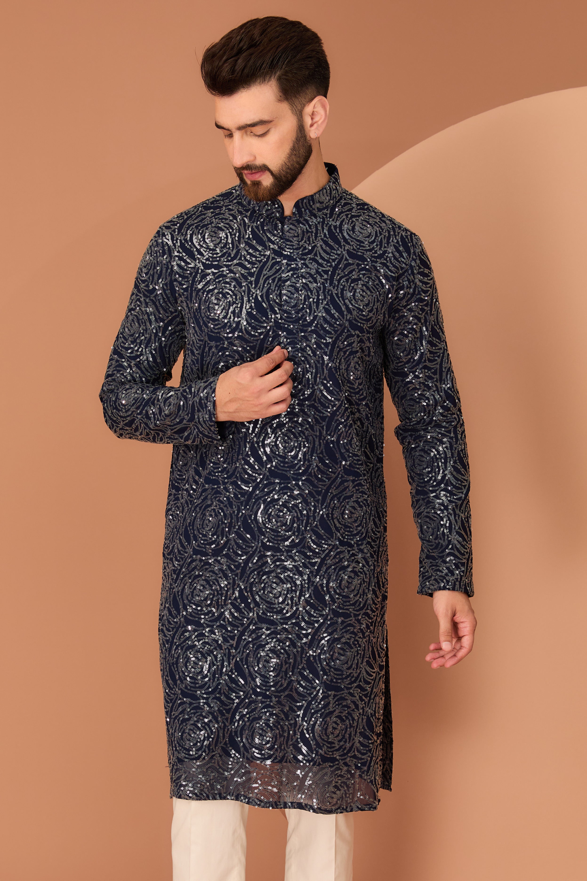 Midnight Blue fully sequined kurta with floral embroidery - kasbahmen