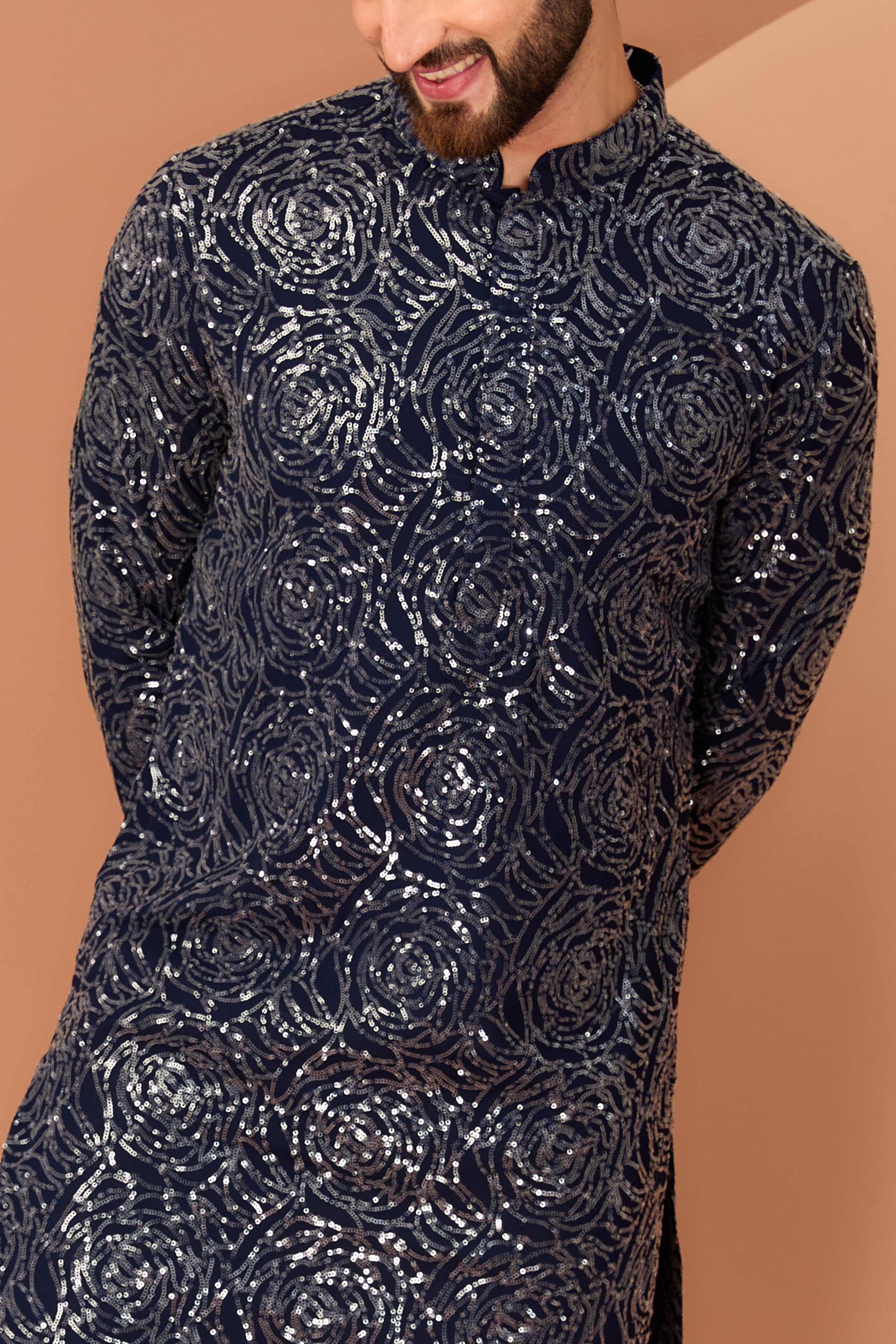 Midnight Blue fully sequined kurta with floral embroidery - kasbahmen