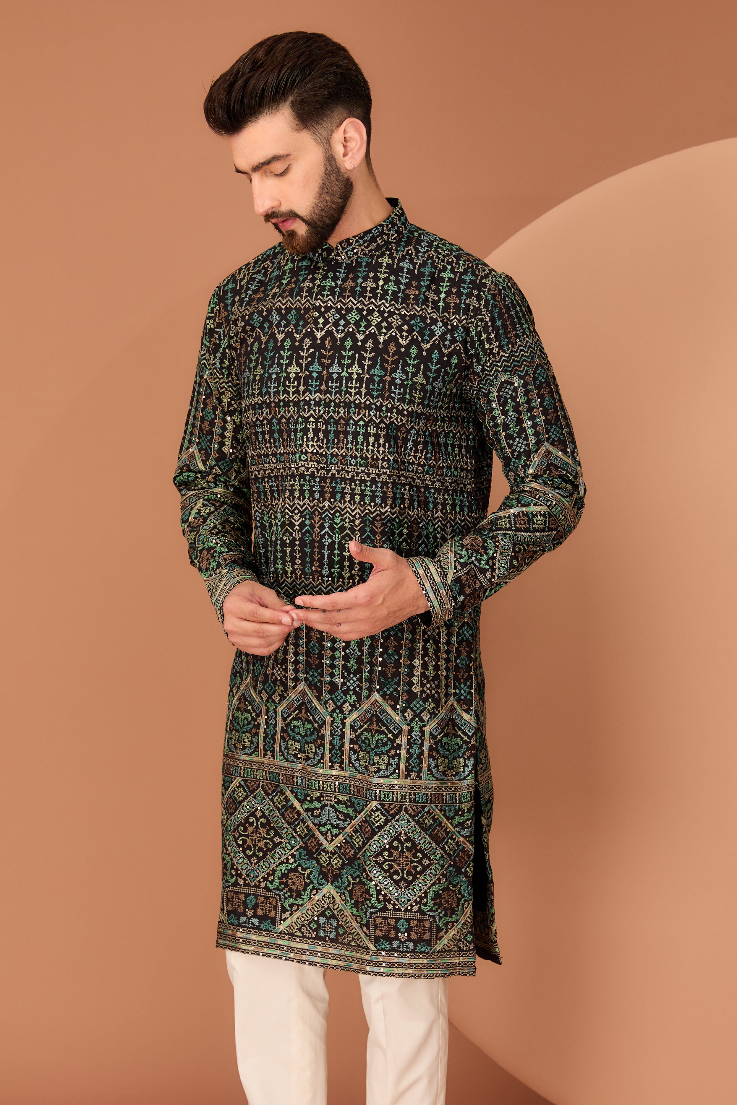 Black kashmiri embroidered kurta with intricate multi-threadwork - kasbahmen