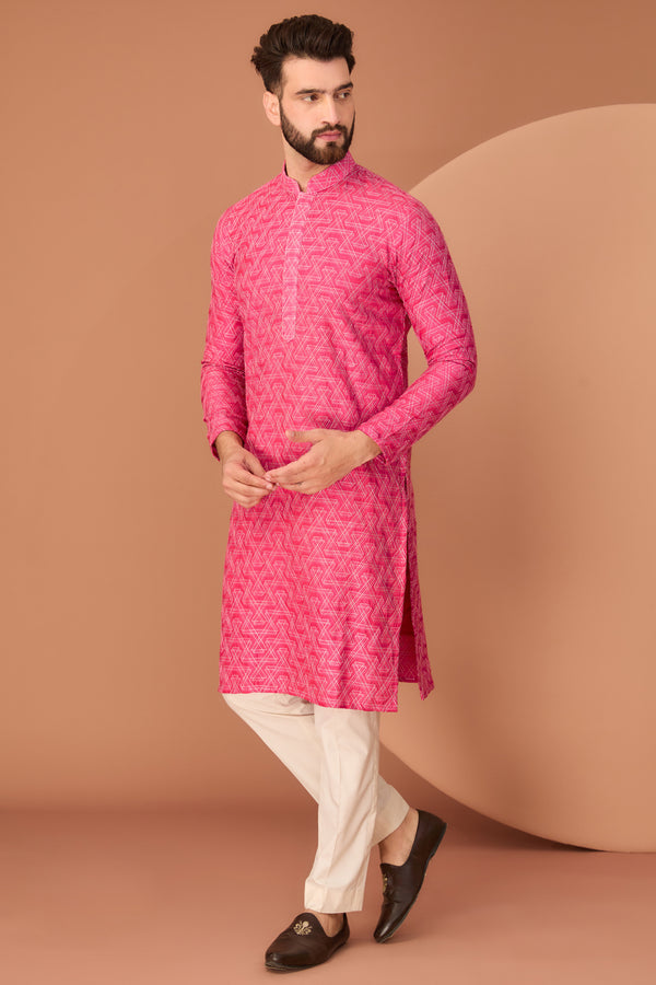 Hot Pink Geometrically embroidered kurta - kasbahmen