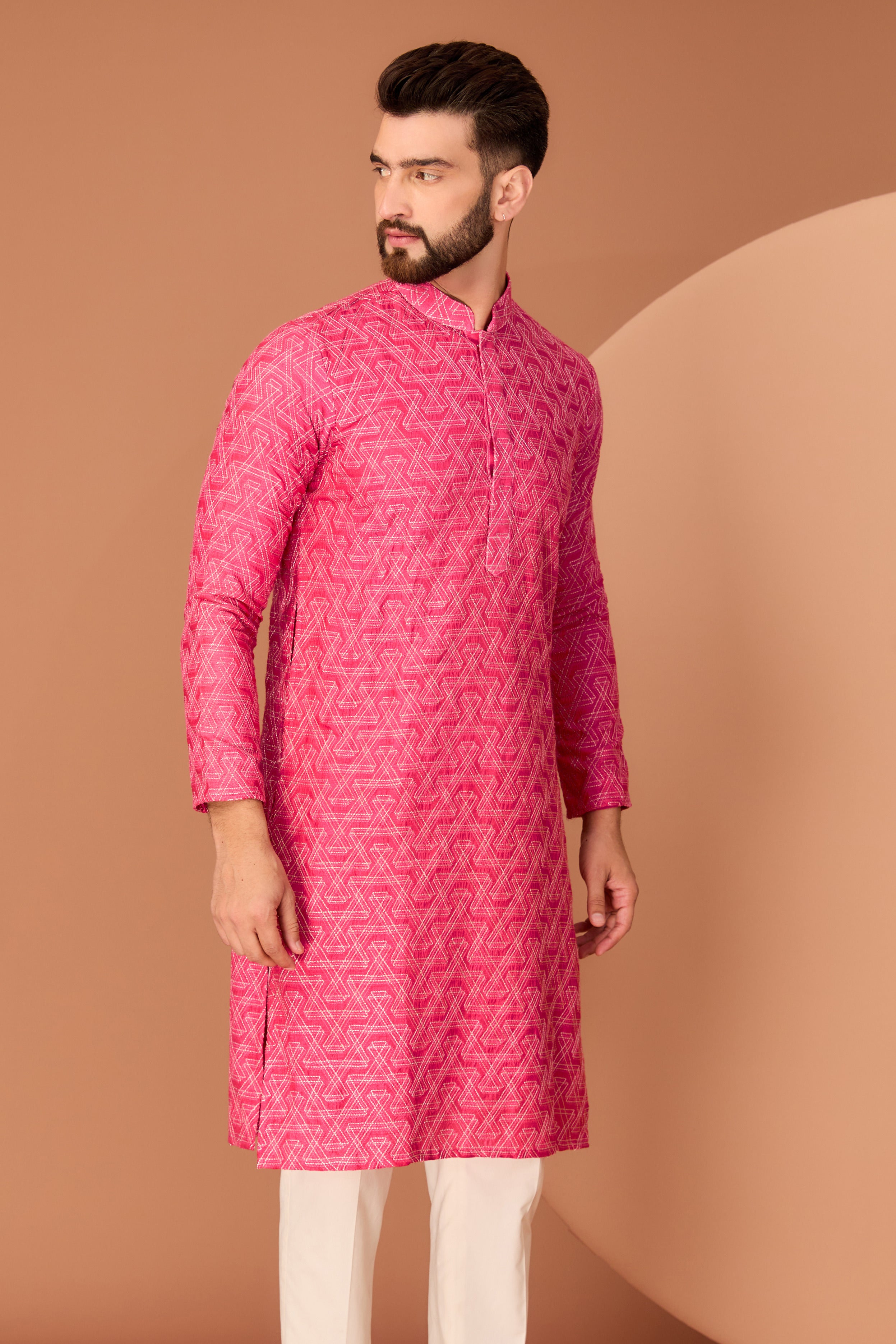 Hot Pink Geometrically embroidered kurta - kasbahmen