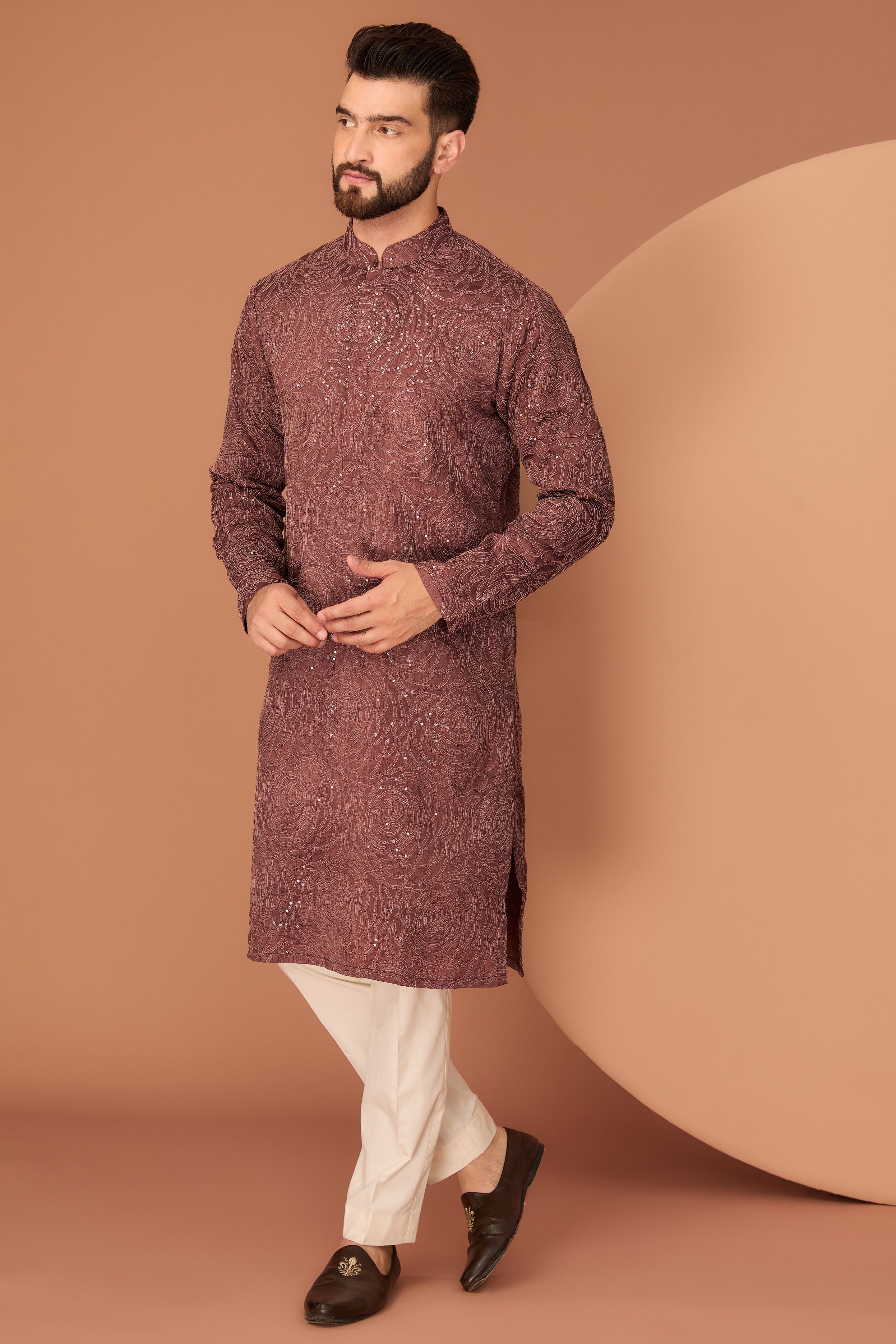 Dark rust brown floral embroidered kurta - kasbahmen