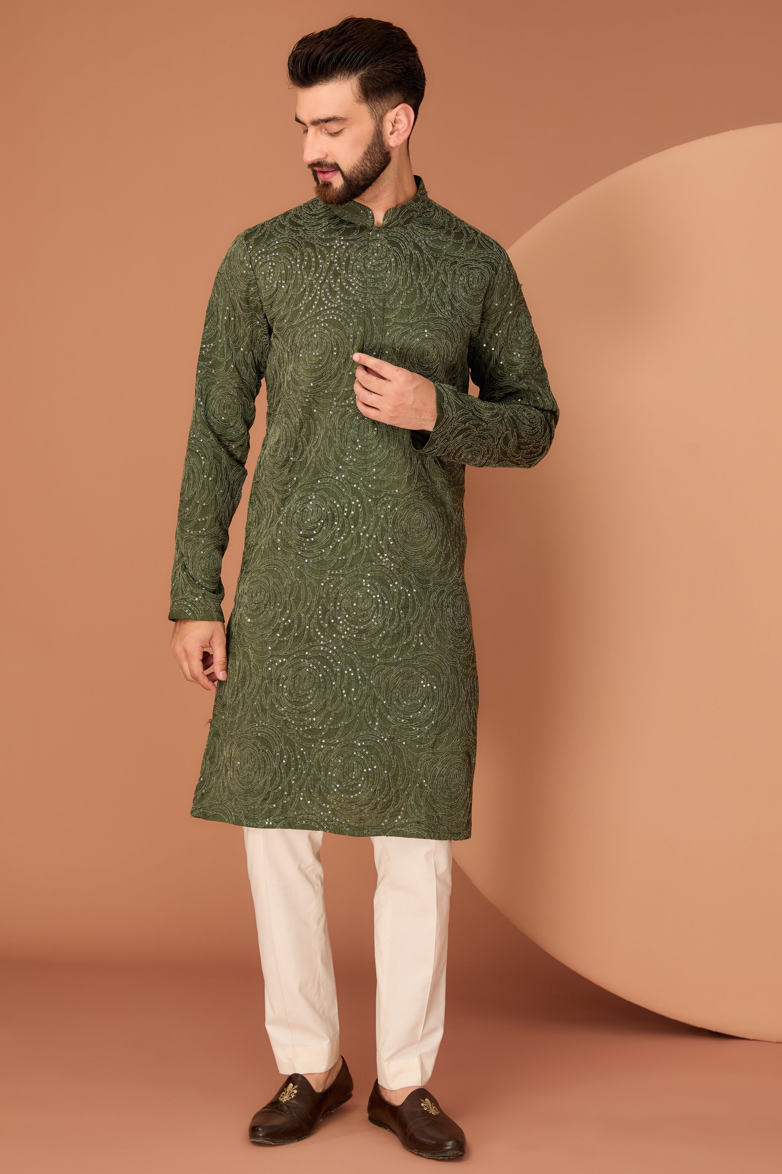 Military Green floral embroidered kurta - kasbahmen