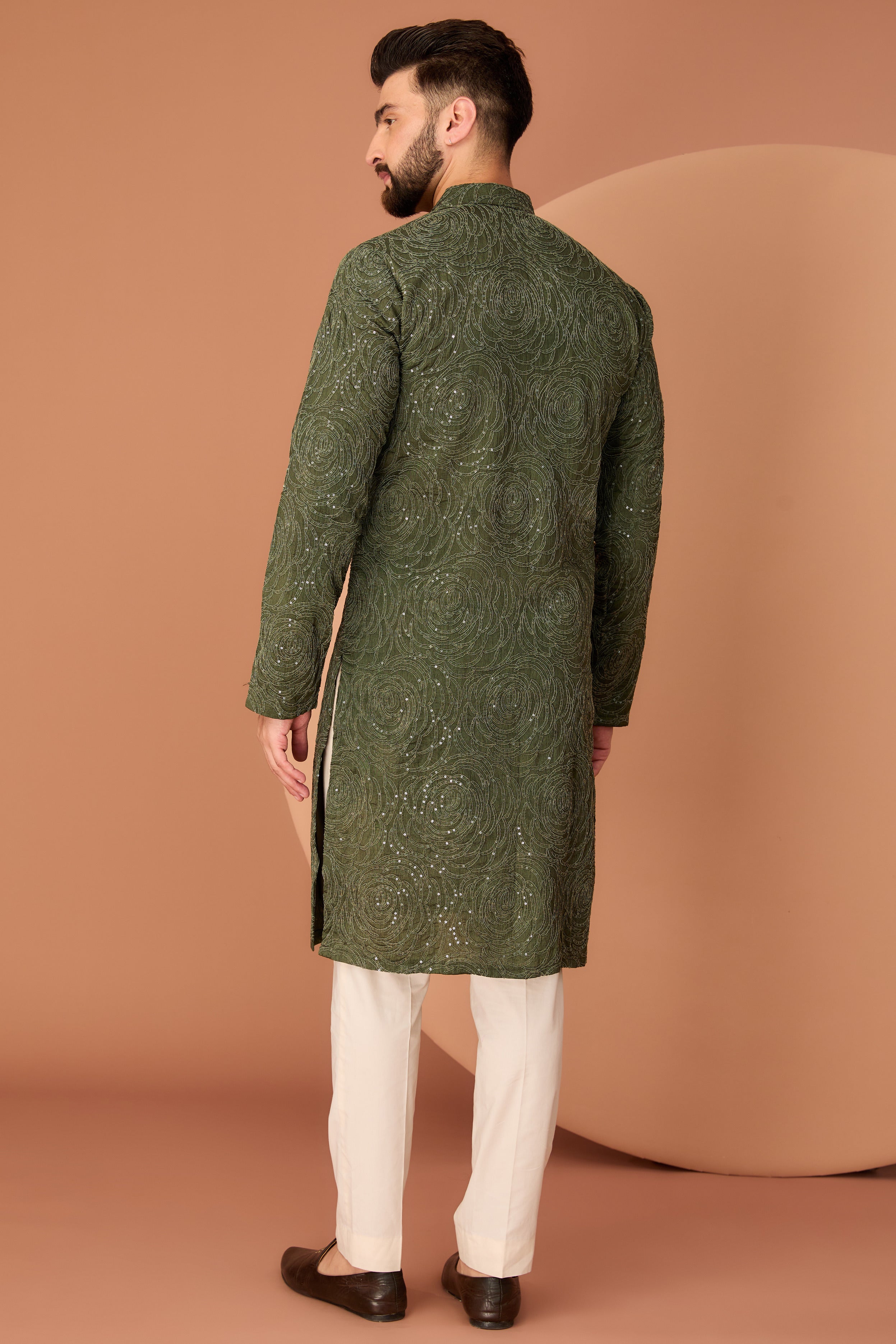 Military Green floral embroidered kurta - kasbahmen