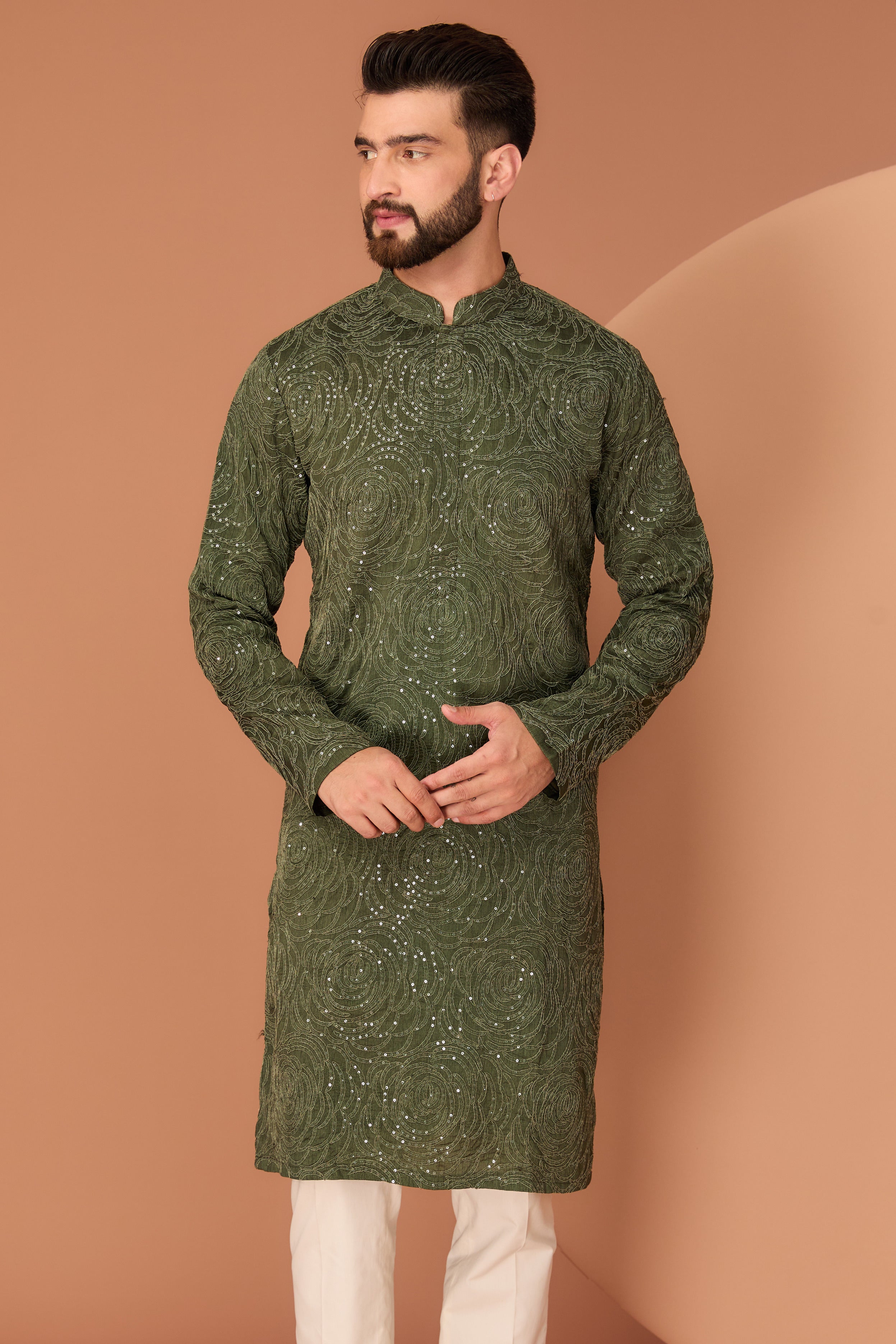 Military Green floral embroidered kurta - kasbahmen