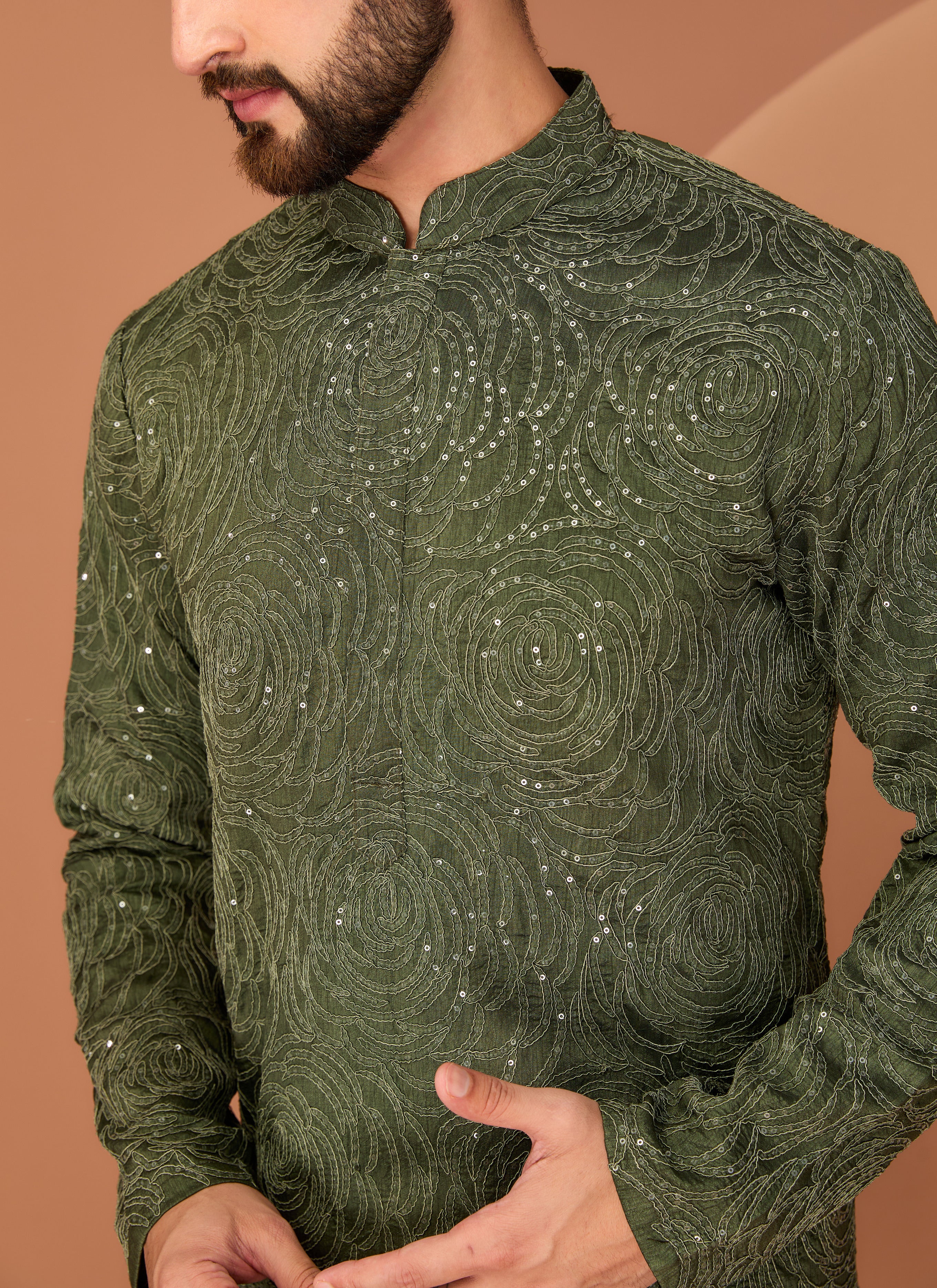 Military Green floral embroidered kurta - kasbahmen