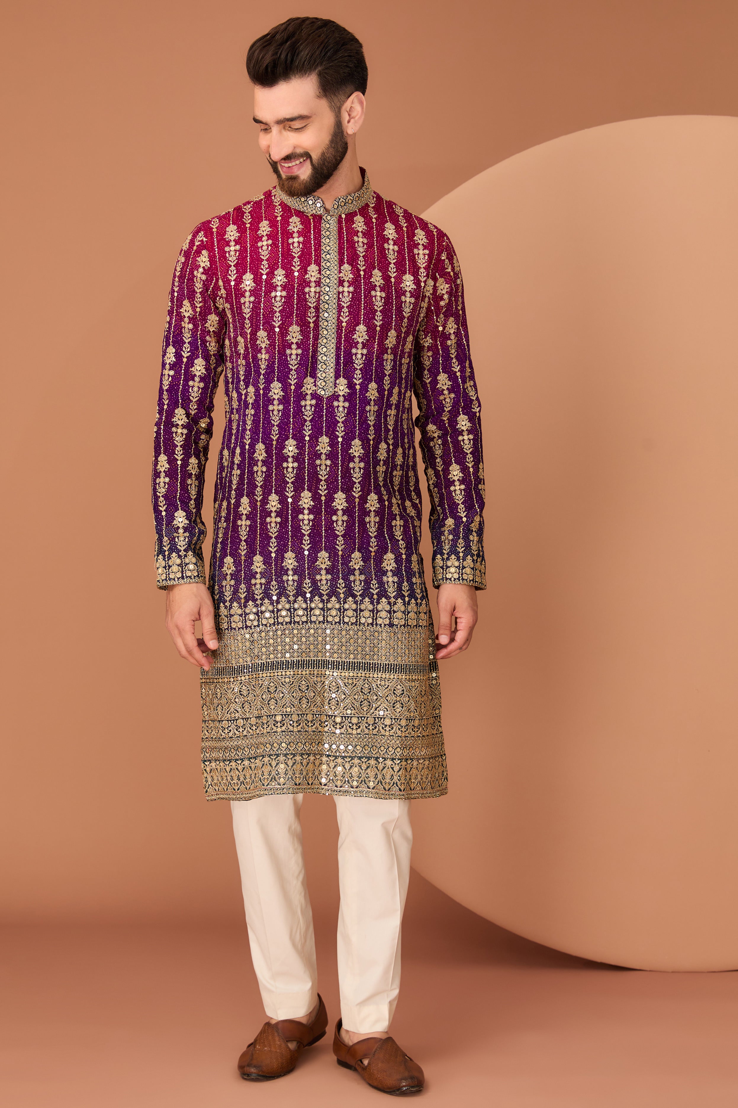 Three colour (Maroon, purple and teal ombre shaded kurta with intricate neckline and heavy gota embroidery on the ghera - kasbahmen