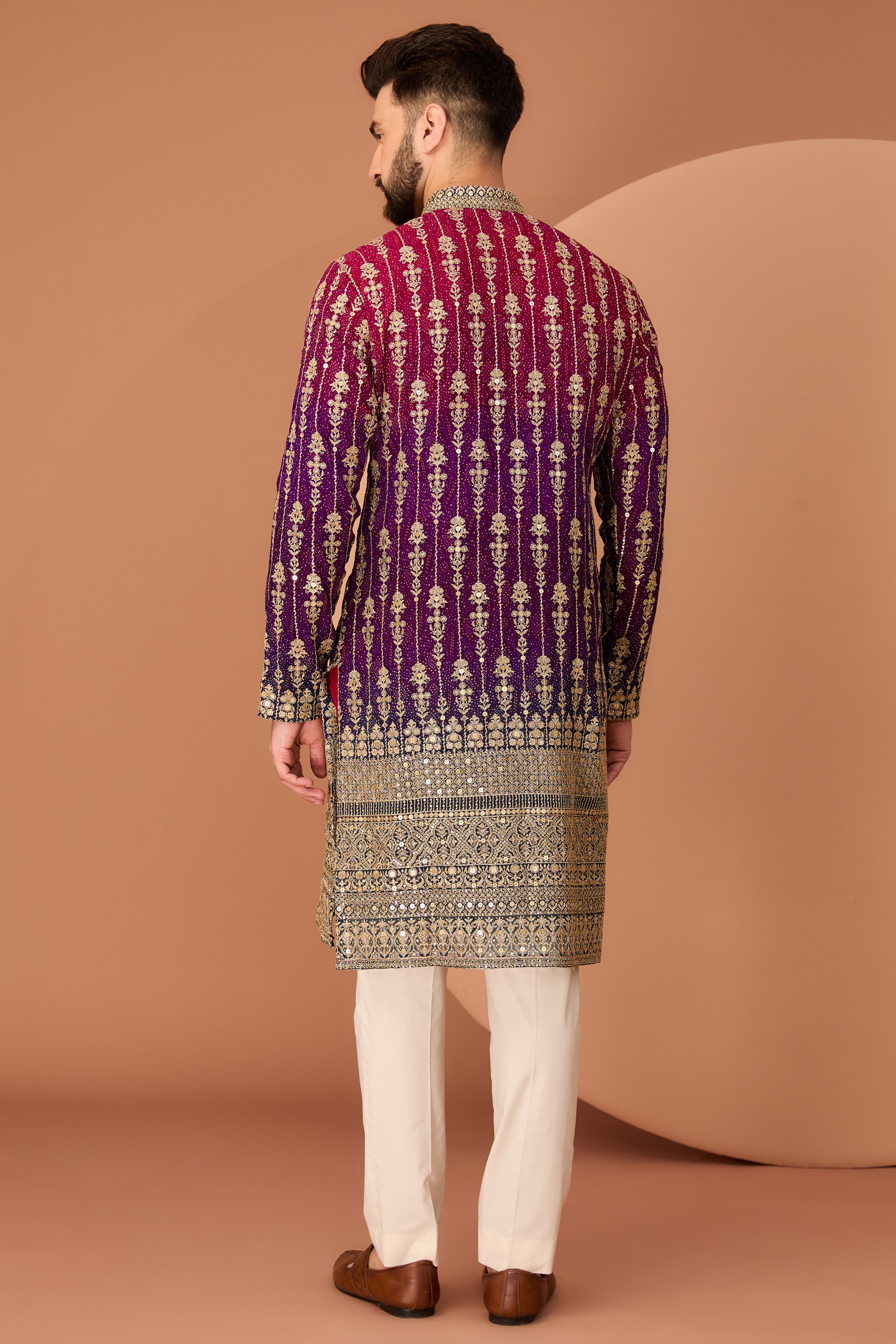 Three colour (Maroon, purple and teal ombre shaded kurta with intricate neckline and heavy gota embroidery on the ghera - kasbahmen