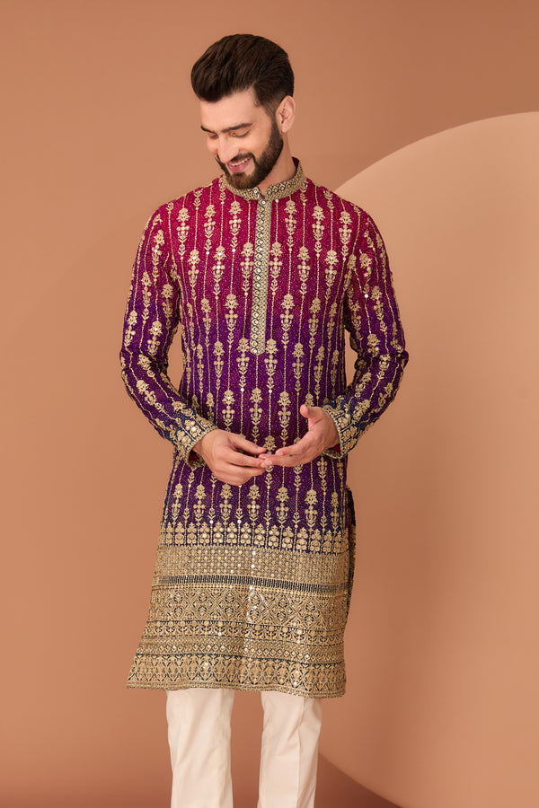 Three colour (Maroon, purple and teal ombre shaded kurta with intricate neckline and heavy gota embroidery on the ghera - kasbahmen