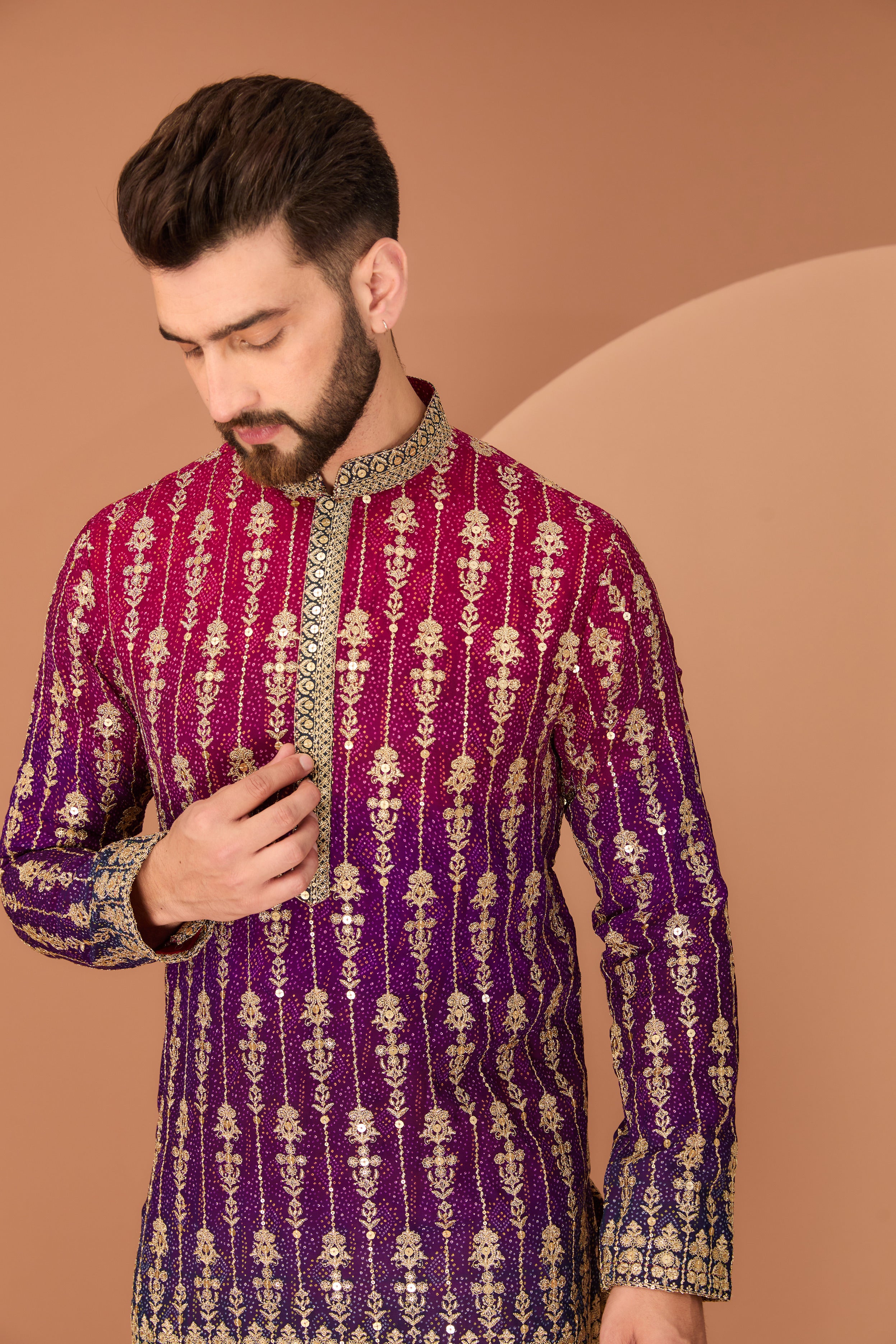 Three colour (Maroon, purple and teal ombre shaded kurta with intricate neckline and heavy gota embroidery on the ghera - kasbahmen