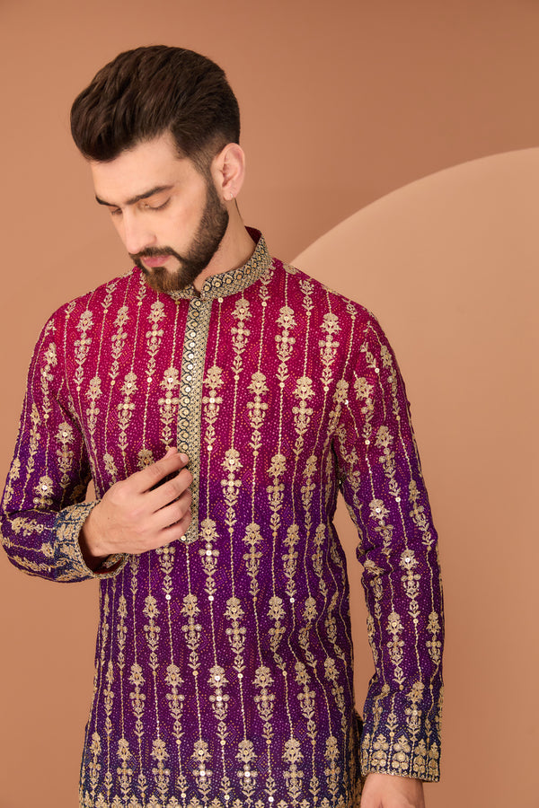 Three colour (Maroon, purple and teal ombre shaded kurta with intricate neckline and heavy gota embroidery on the ghera