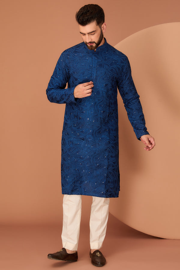 Navy Blue chikankari kurta with intricate thread and sequin work - kasbahmen