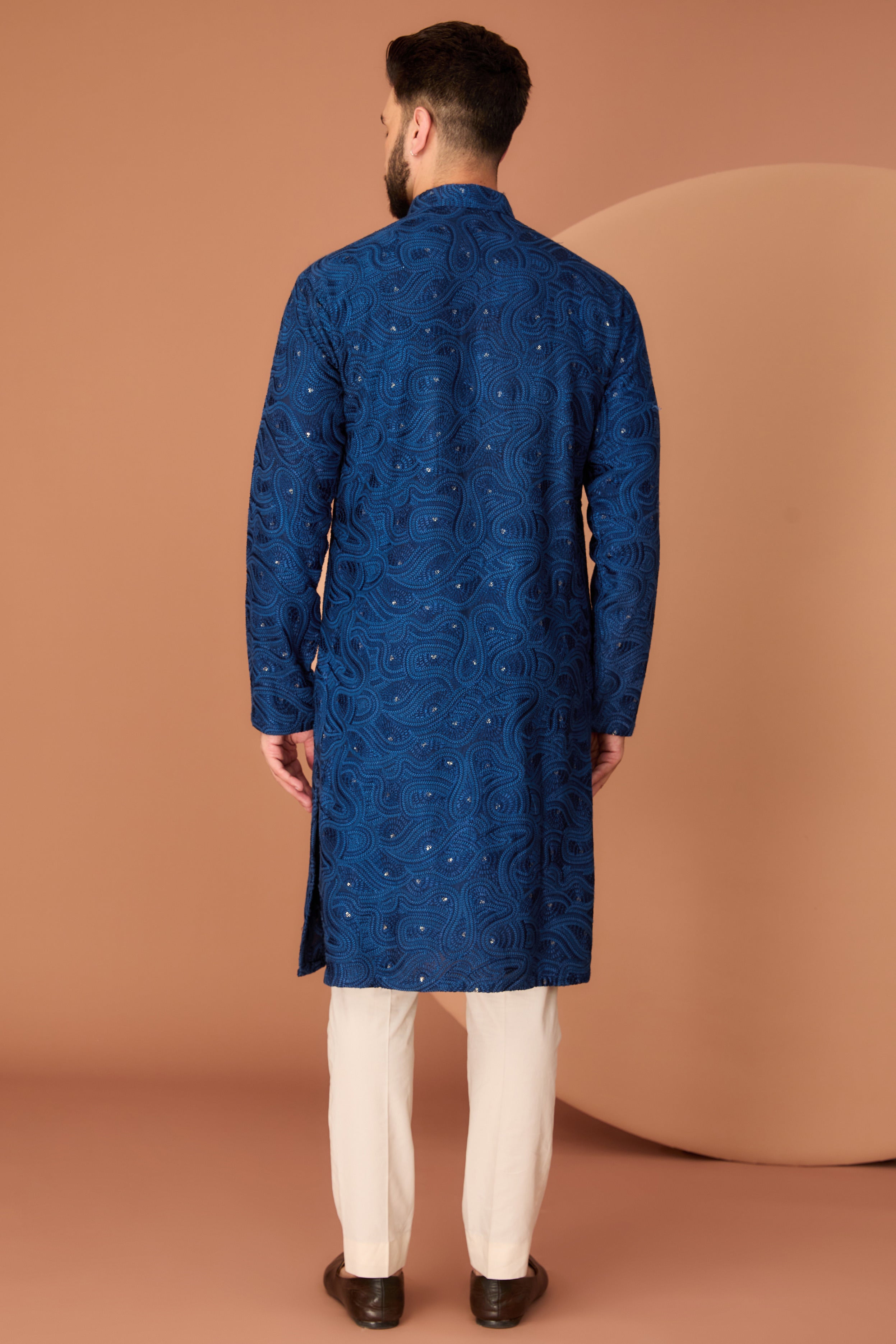 Navy Blue chikankari kurta with intricate thread and sequin work - kasbahmen