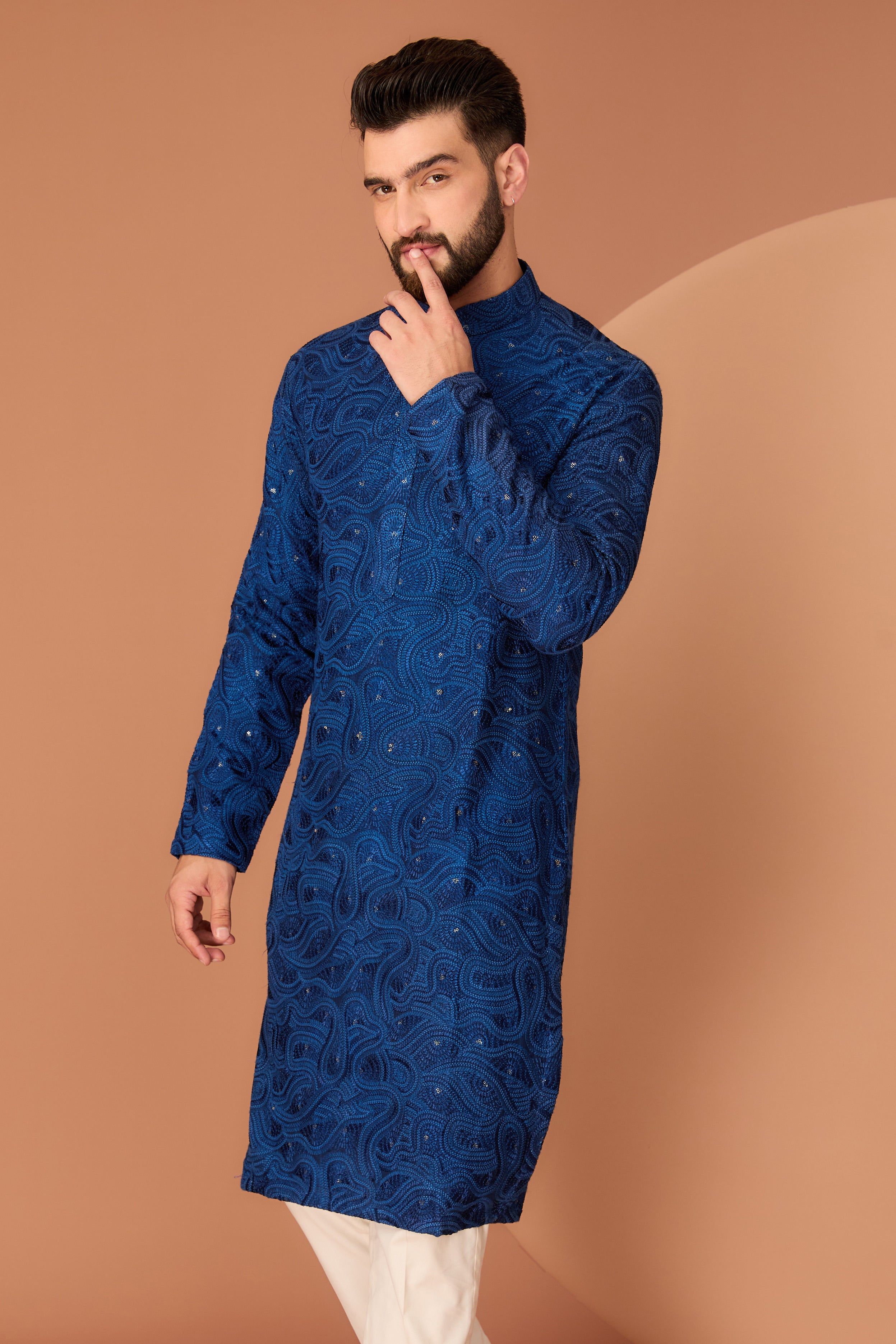 Navy Blue chikankari kurta with intricate thread and sequin work - kasbahmen