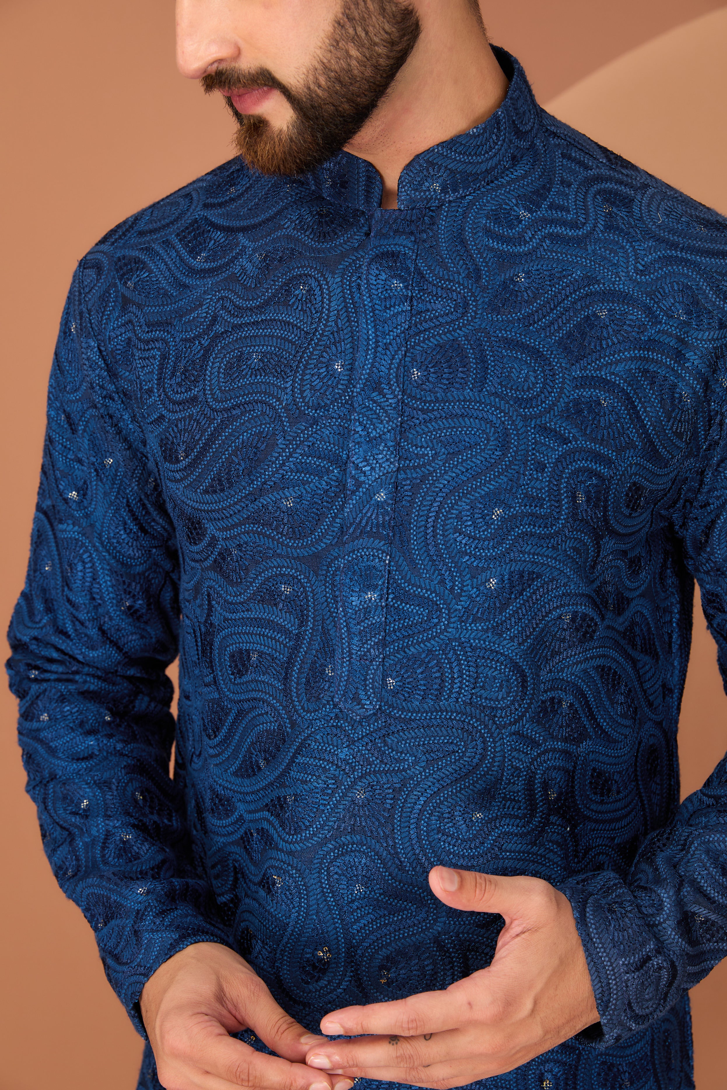 Navy Blue chikankari kurta with intricate thread and sequin work - kasbahmen