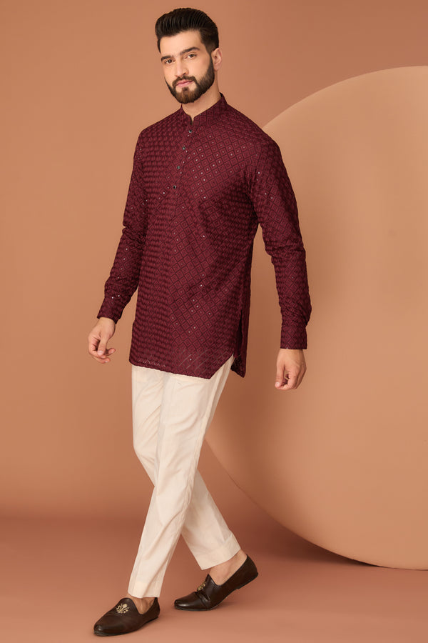 maroon short chikankari kurta with royal cut - kasbahmen