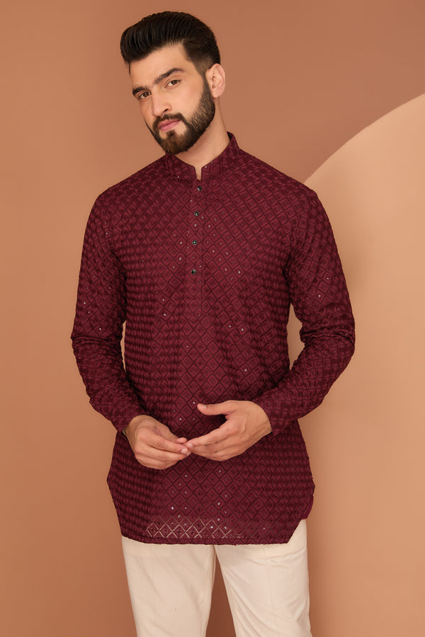 maroon short chikankari kurta with royal cut - kasbahmen