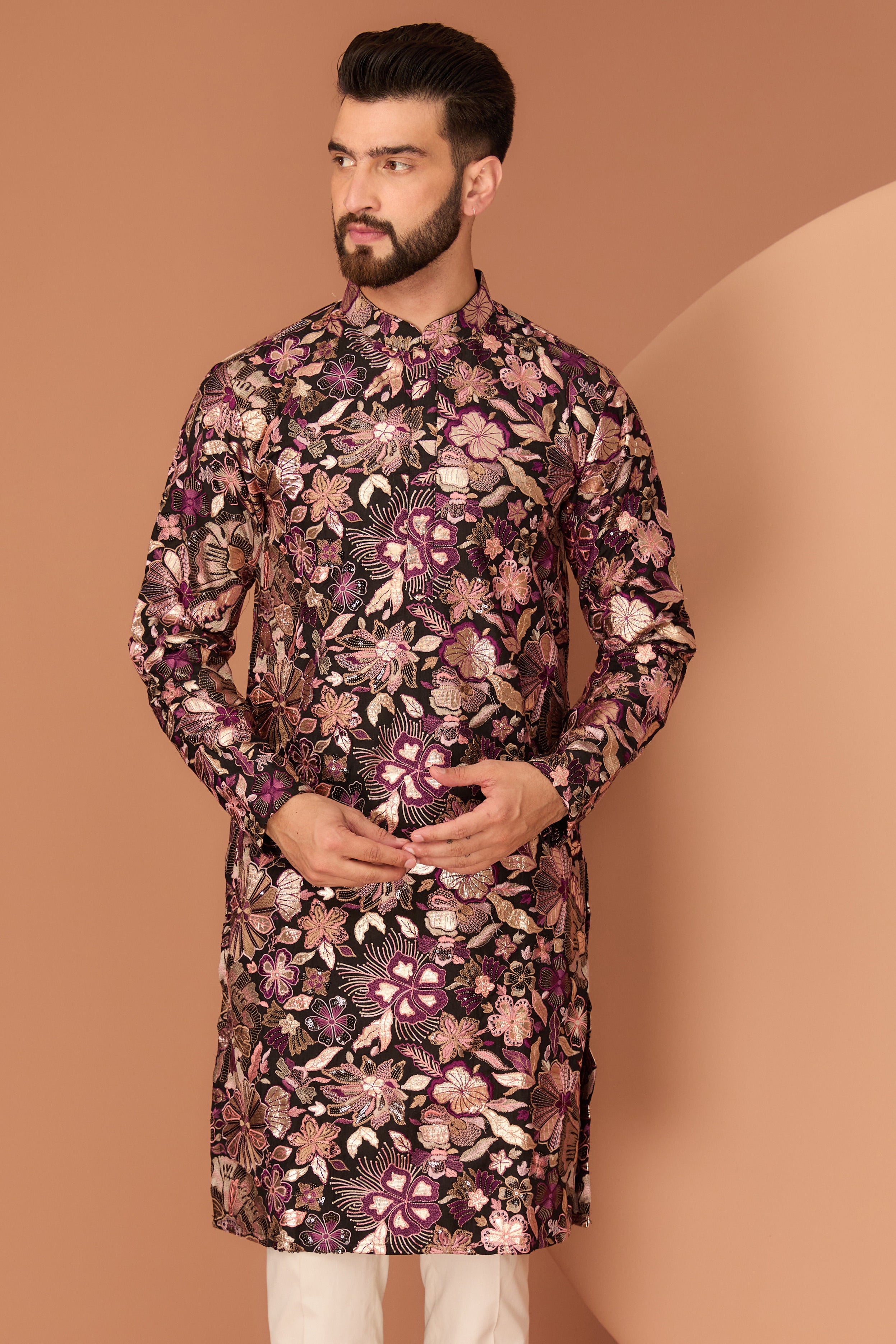 black floral leather work kurta - kasbahmen