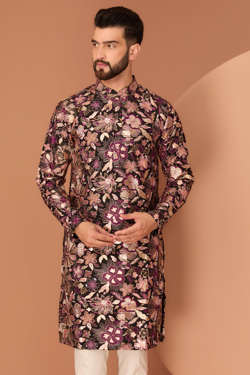 black floral leather work kurta