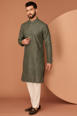 Military green geometrically embroidered kurta - kasbahmen