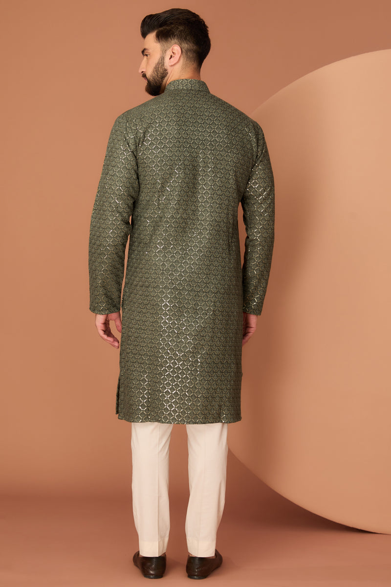 Military green geometrically embroidered kurta - kasbahmen