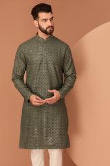 Military green geometrically embroidered kurta