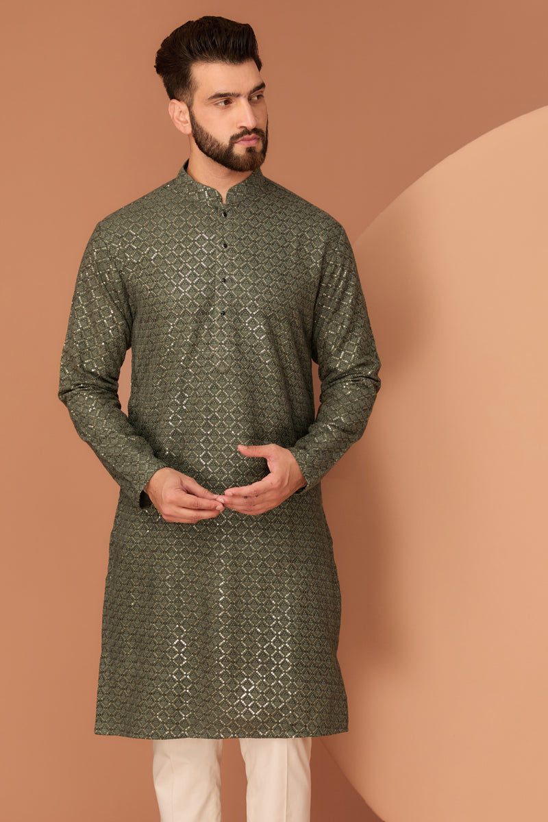 Military green geometrically embroidered kurta - kasbahmen