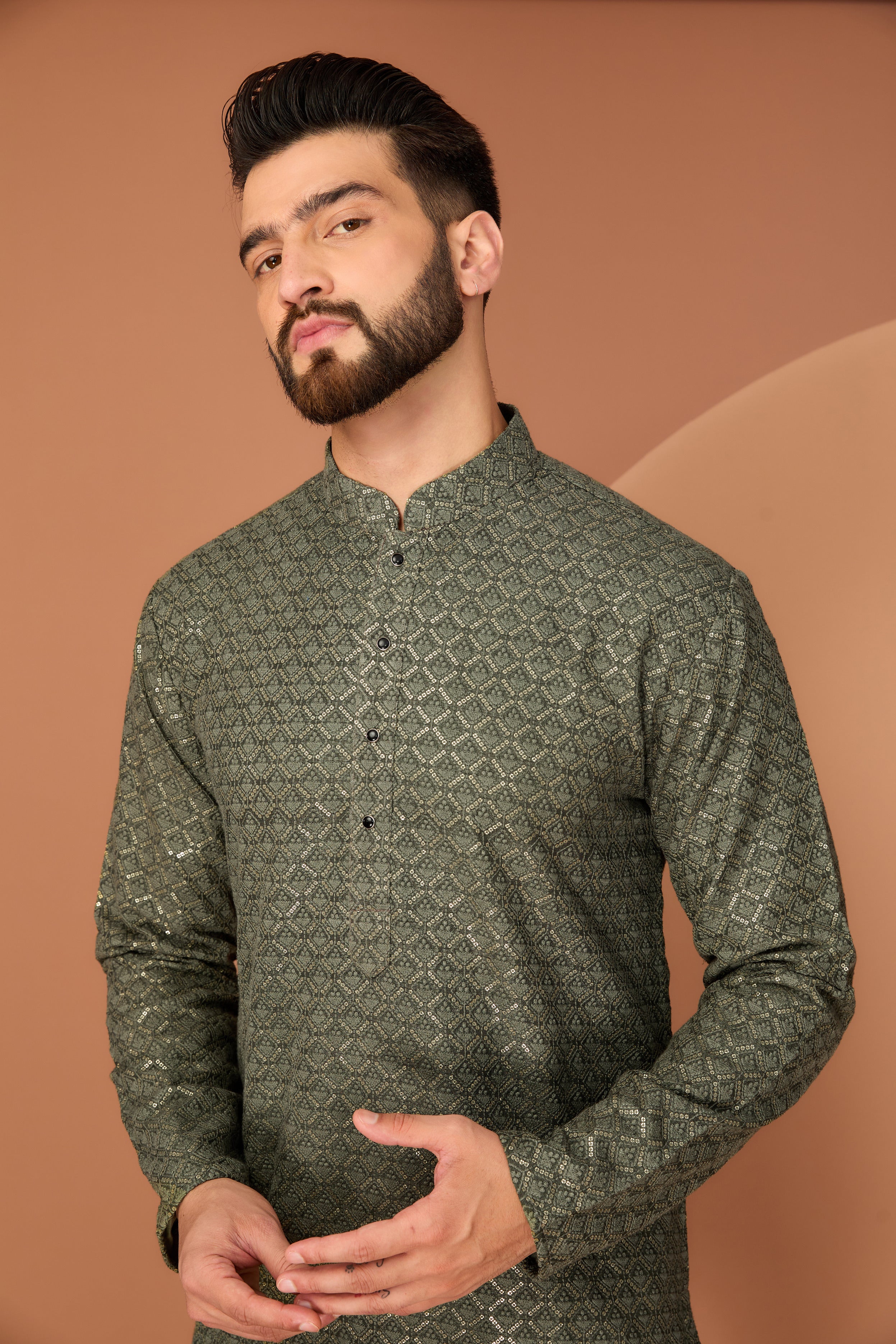 Military green geometrically embroidered kurta - kasbahmen