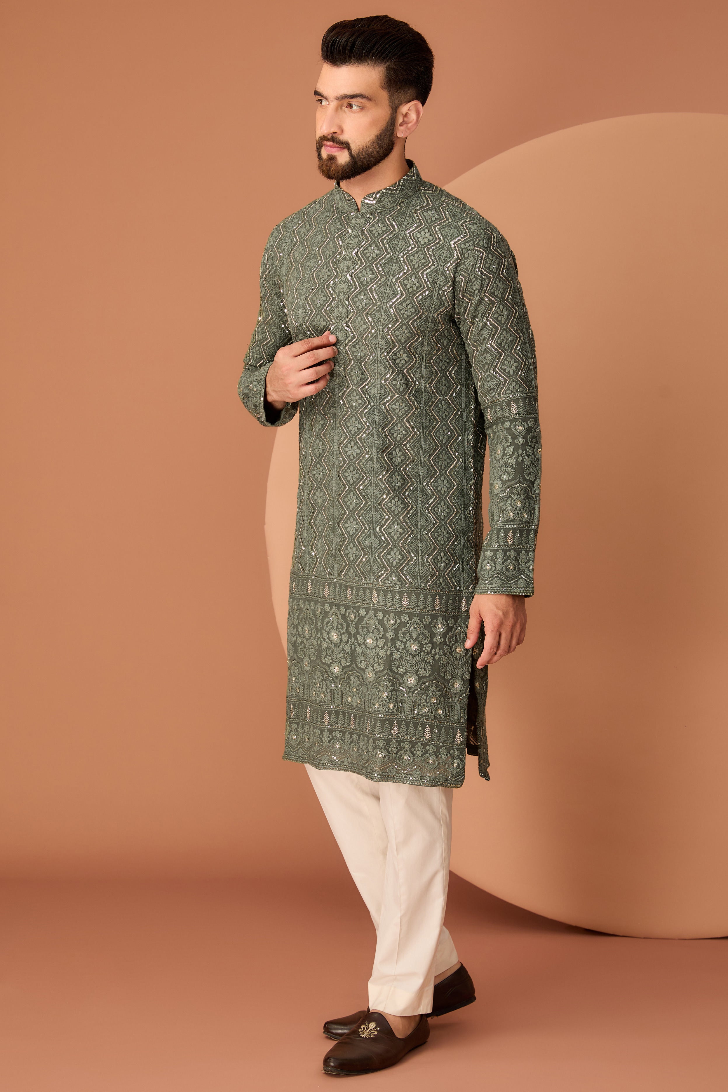 Military green chikankari kurta - kasbahmen