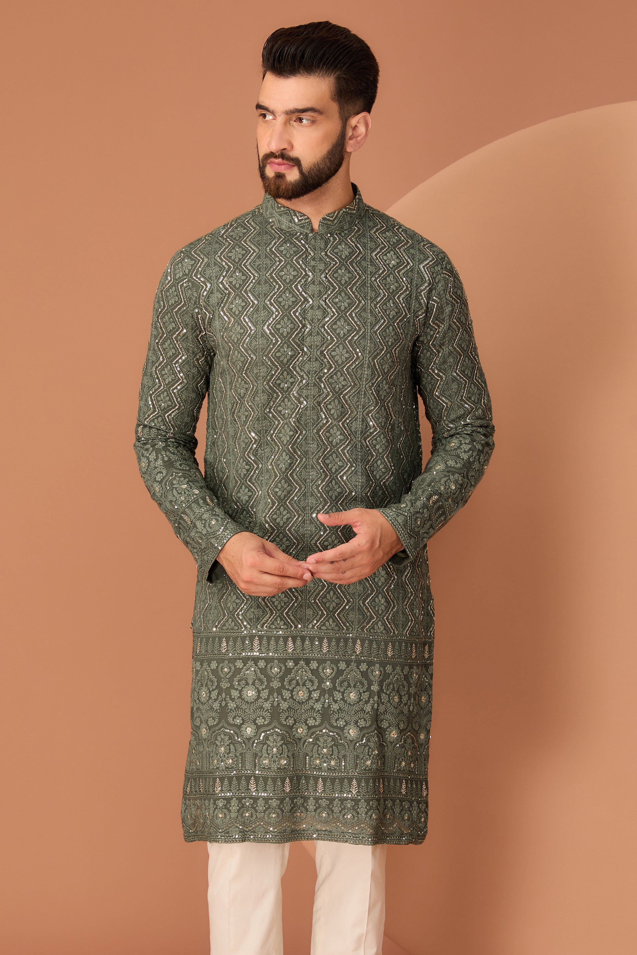 Military green chikankari kurta - kasbahmen