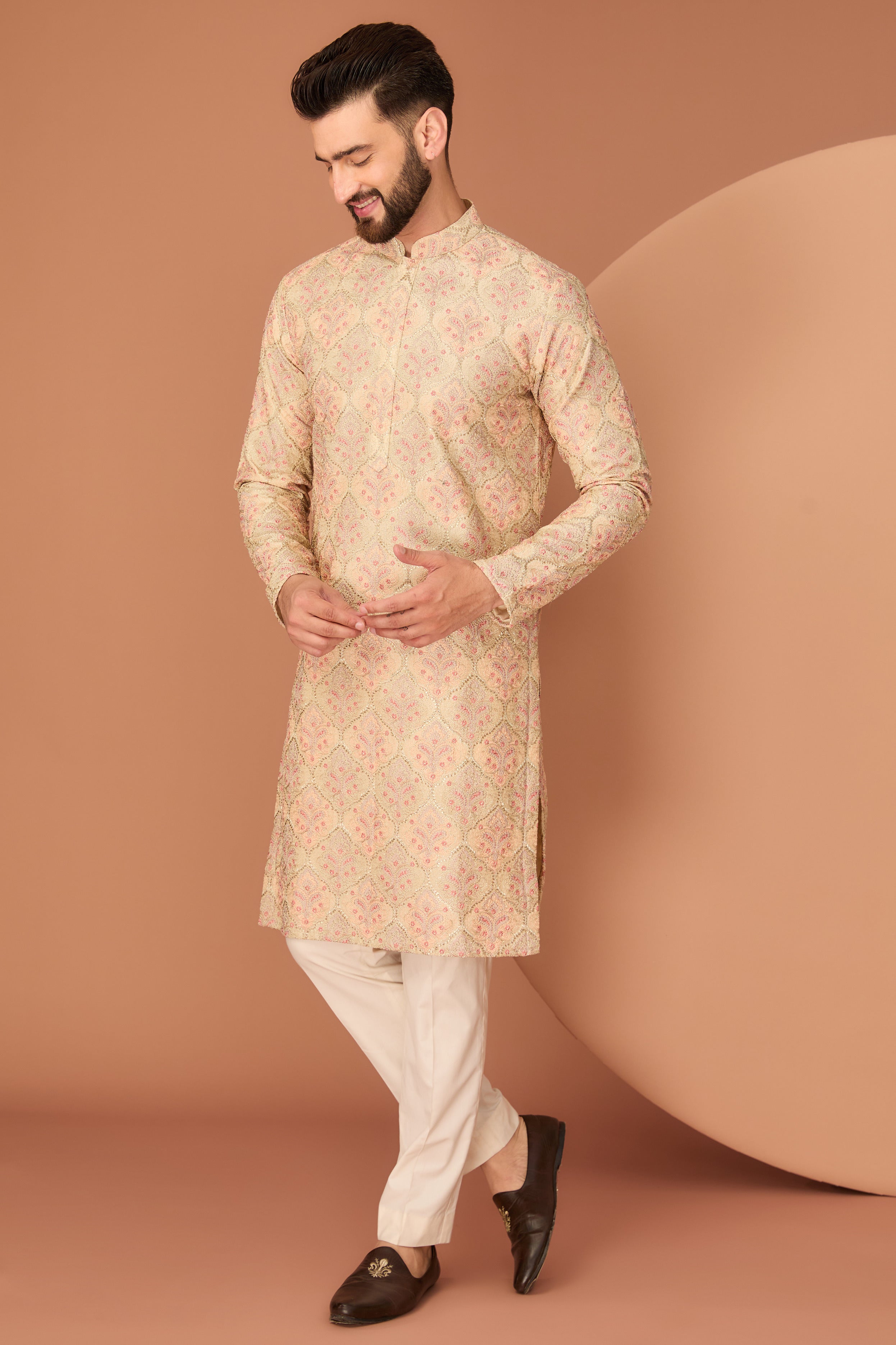 Cream-beige chikankari kurta with intricate gota and multi-threadwork - kasbahmen