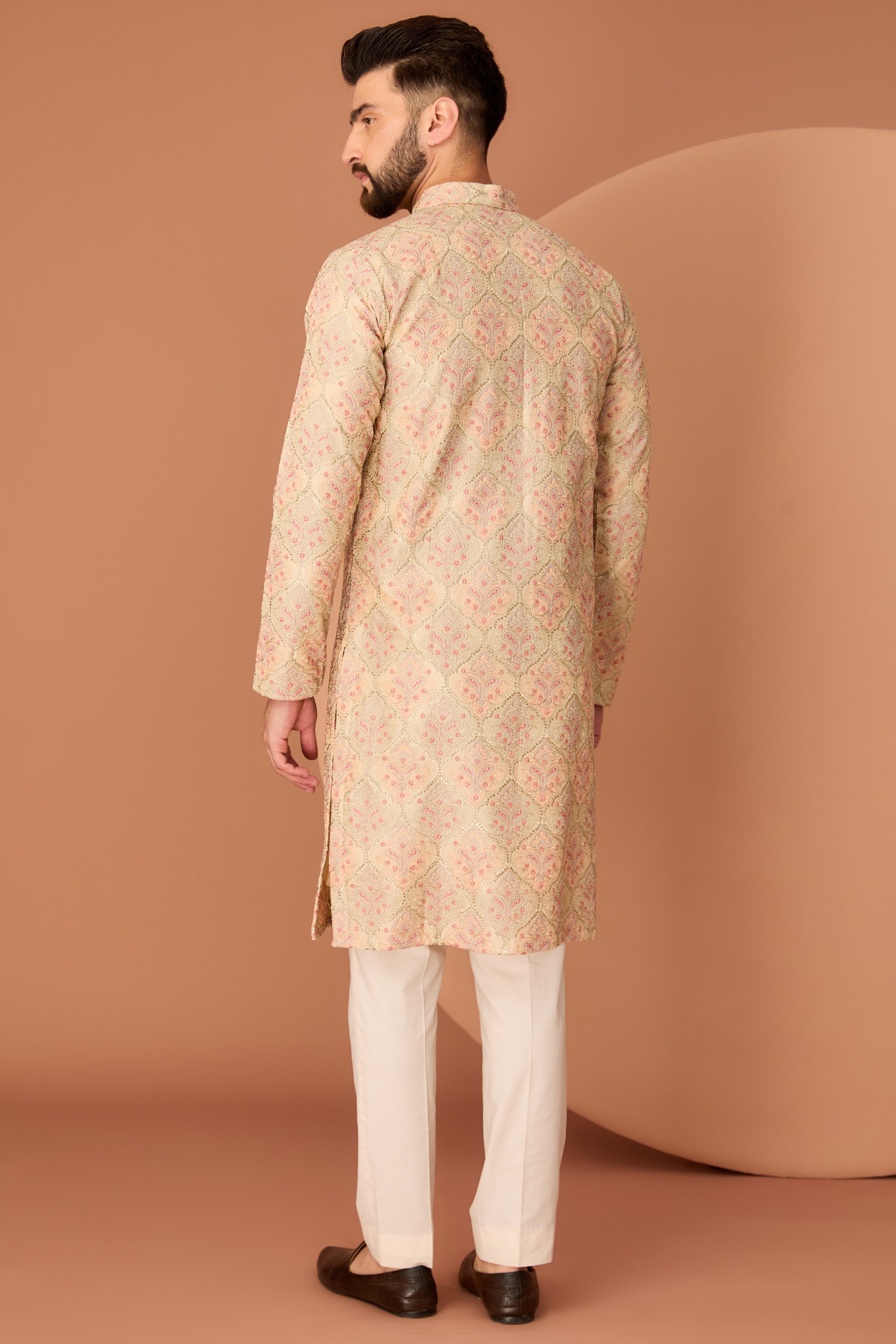 Cream-beige chikankari kurta with intricate gota and multi-threadwork - kasbahmen