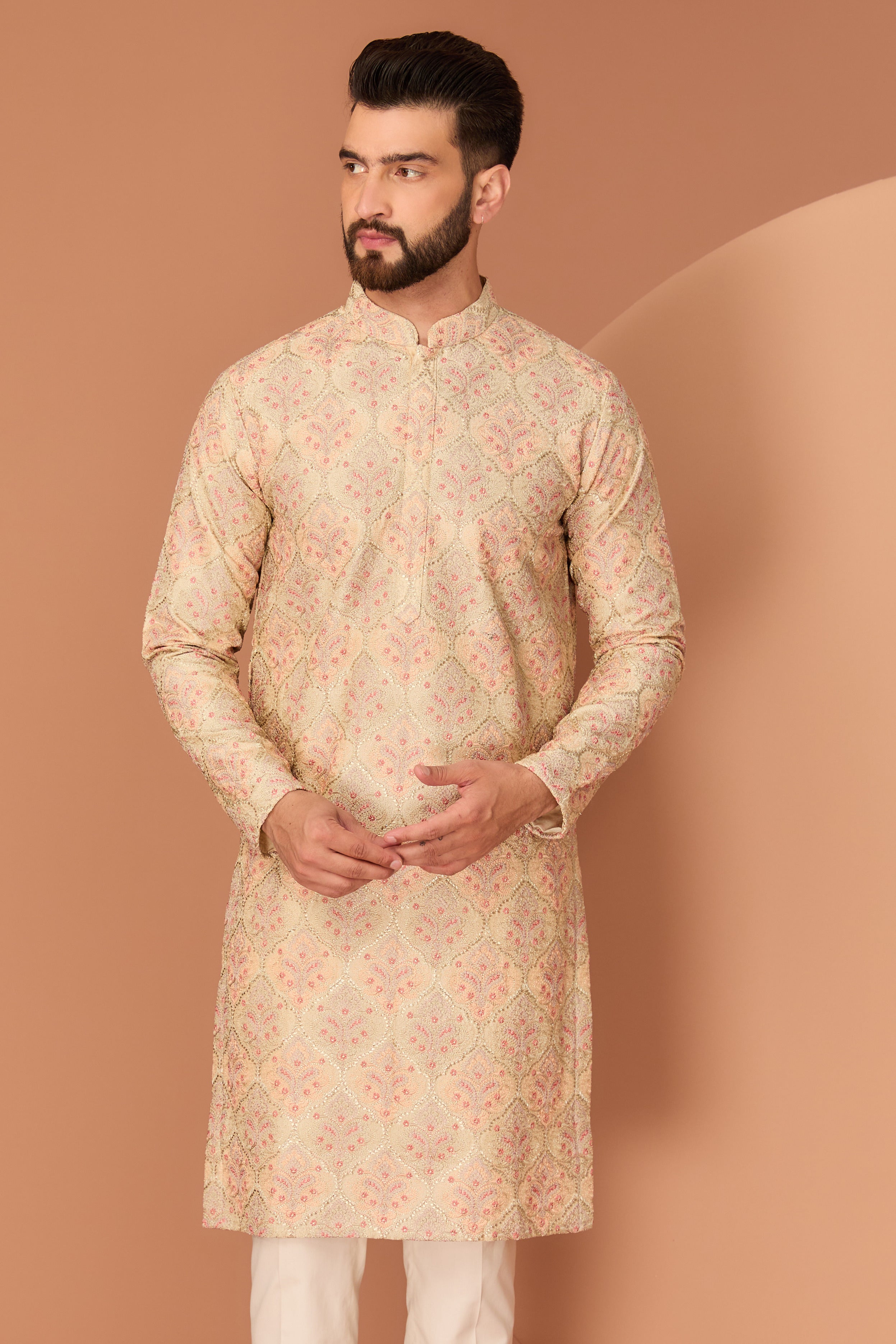 Cream-beige chikankari kurta with intricate gota and multi-threadwork - kasbahmen